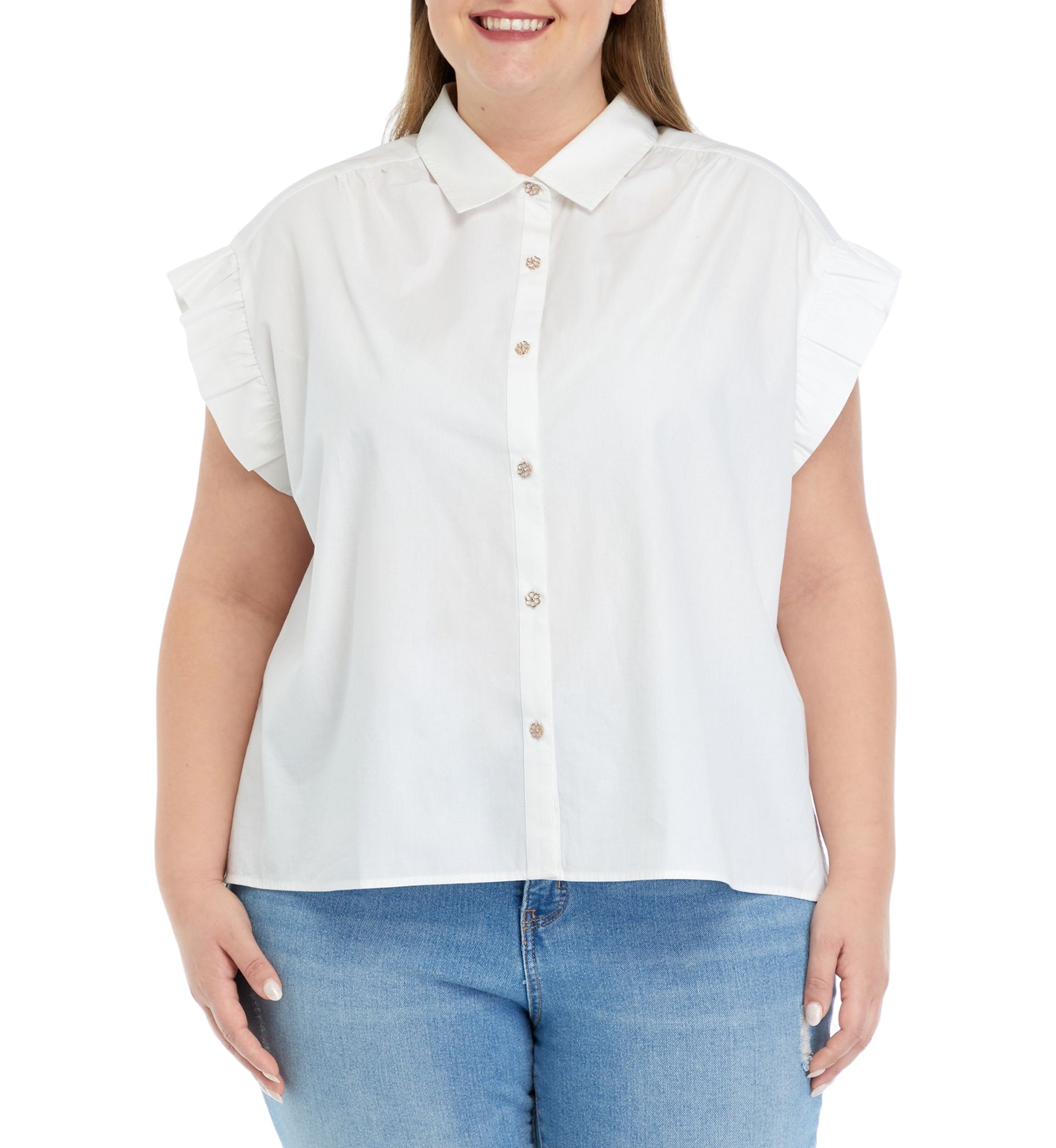 Plus Size Ruffled Flower Button Down Top