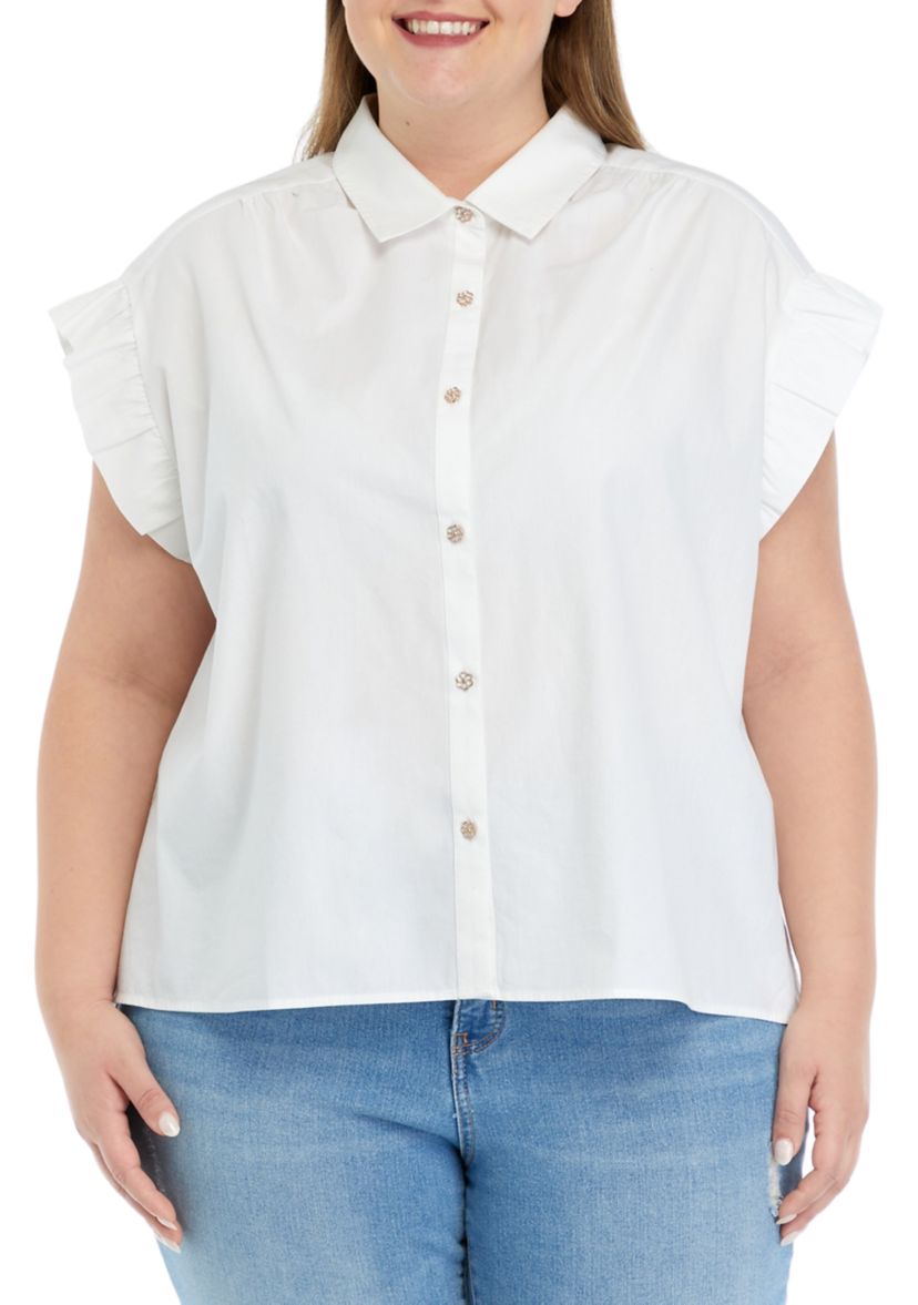 Plus Size Ruffled Flower Button Down Top