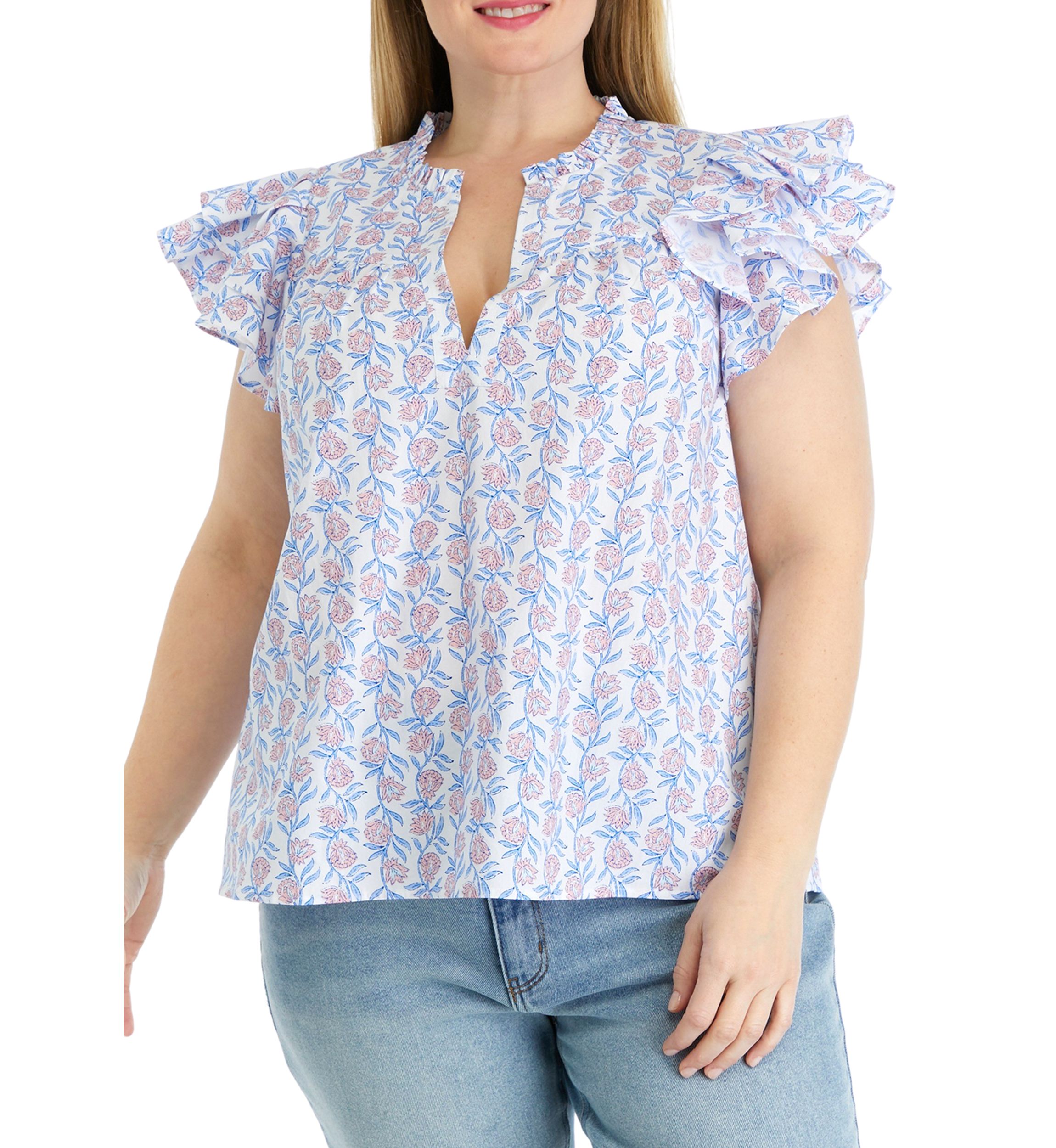 Plus Size Flutter Sleeve Floral Printed Top