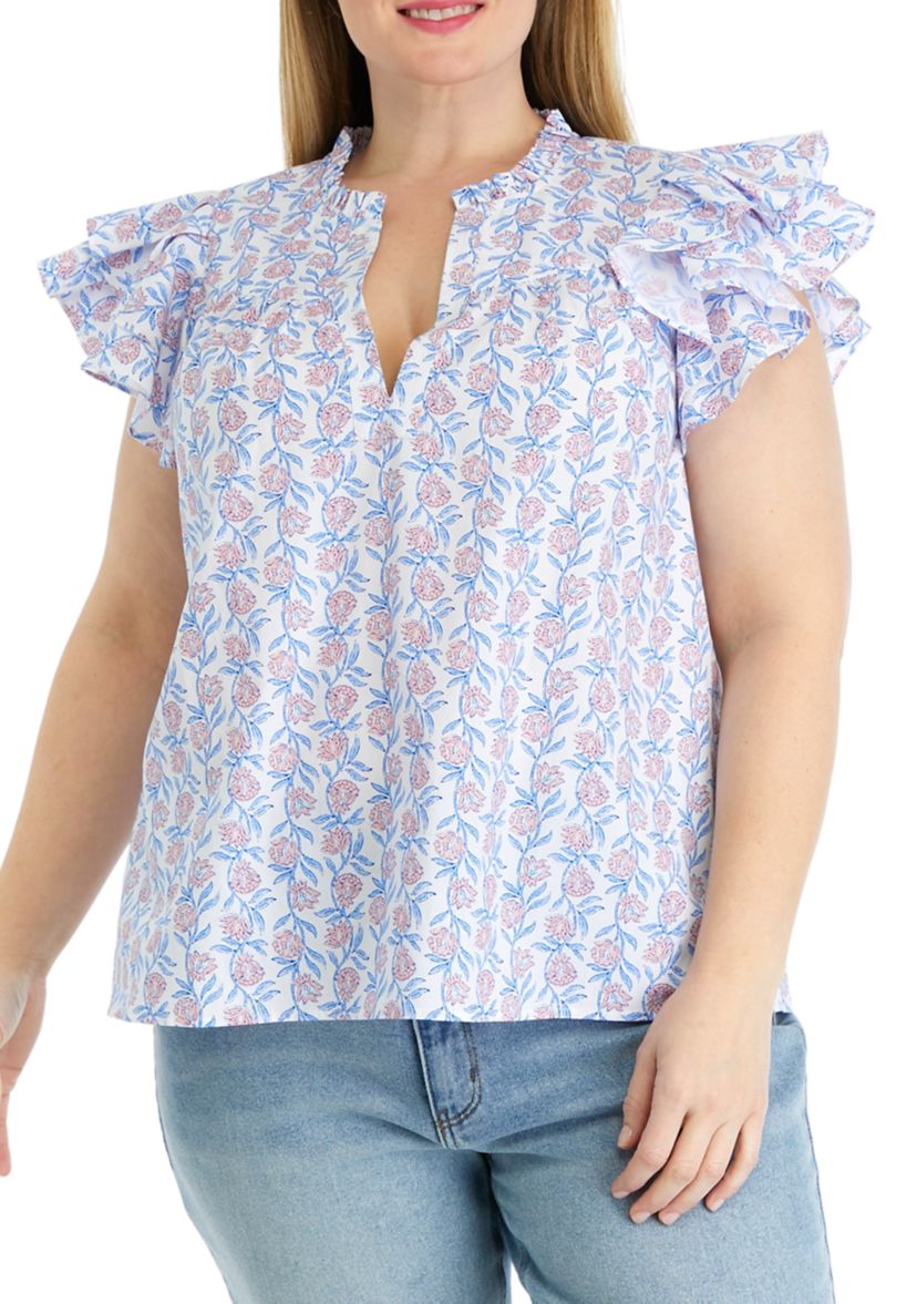 Plus Size Flutter Sleeve Floral Printed Top