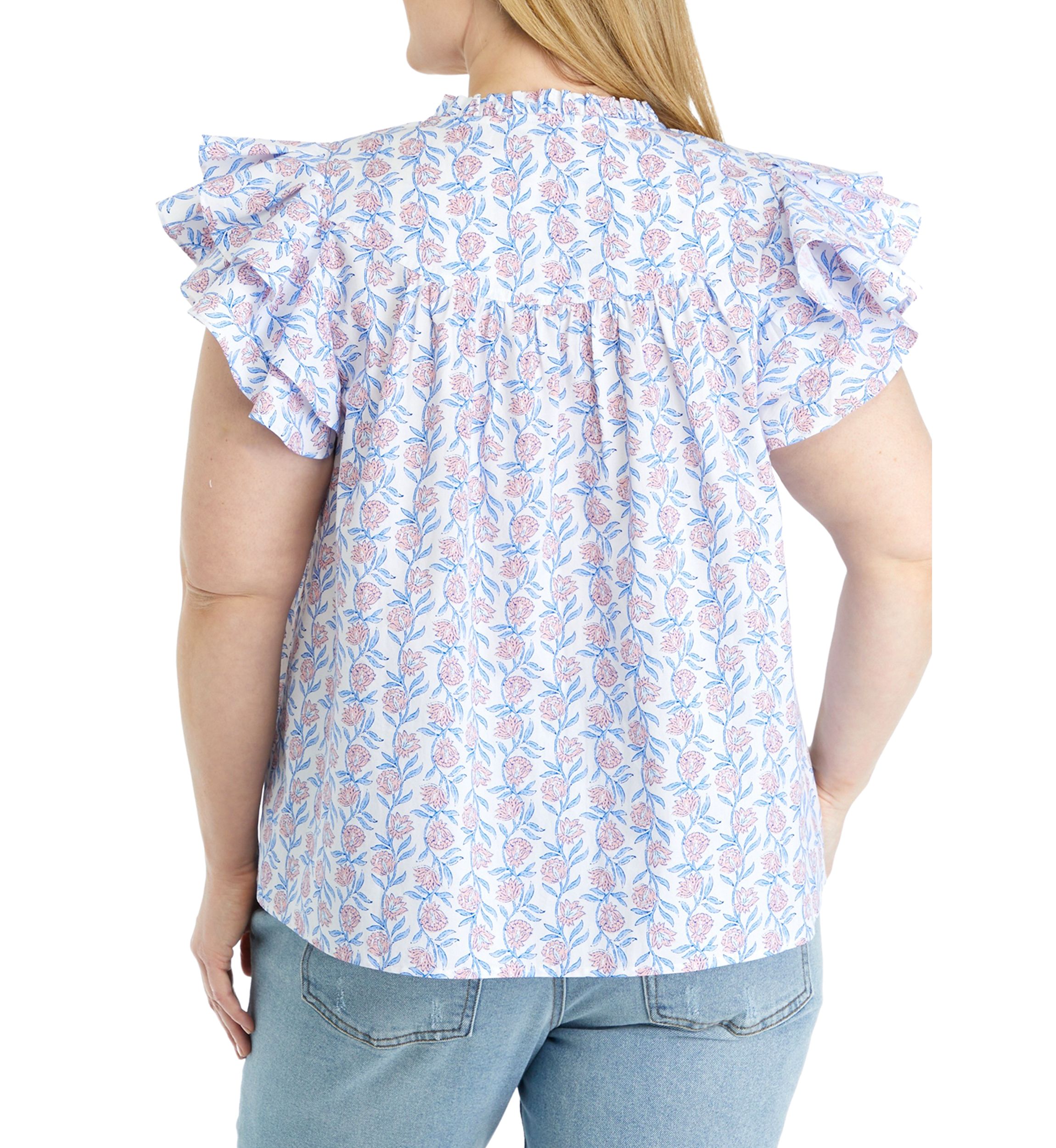 Plus Size Flutter Sleeve Floral Printed Top