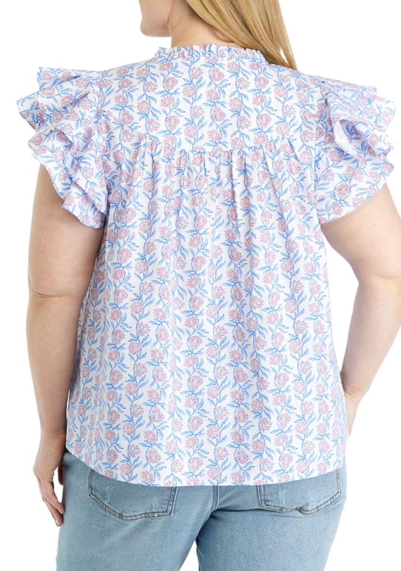 Plus Size Flutter Sleeve Floral Printed Top