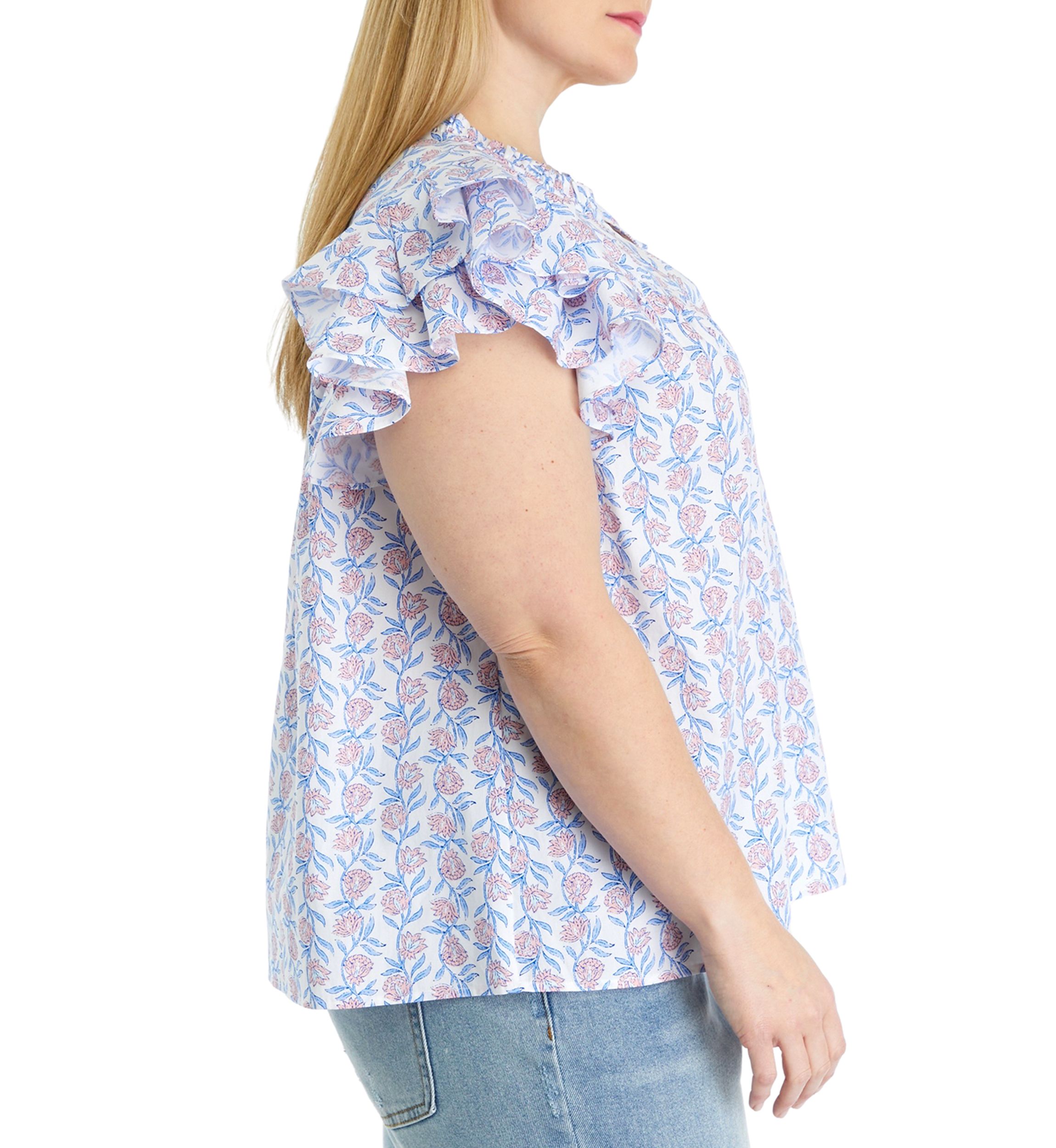 Plus Size Flutter Sleeve Floral Printed Top