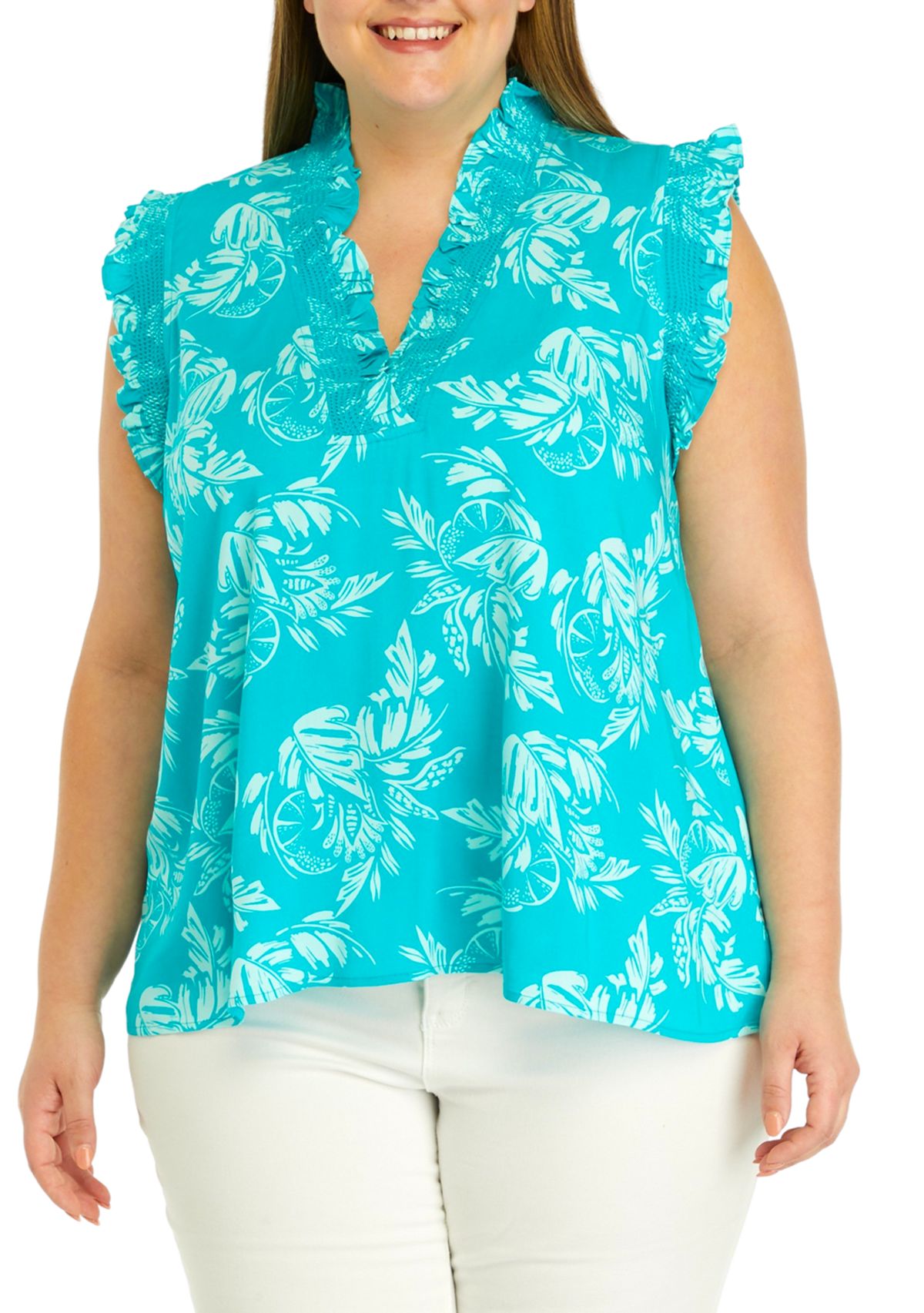 Plus Size Printed Ruffle Neck Top