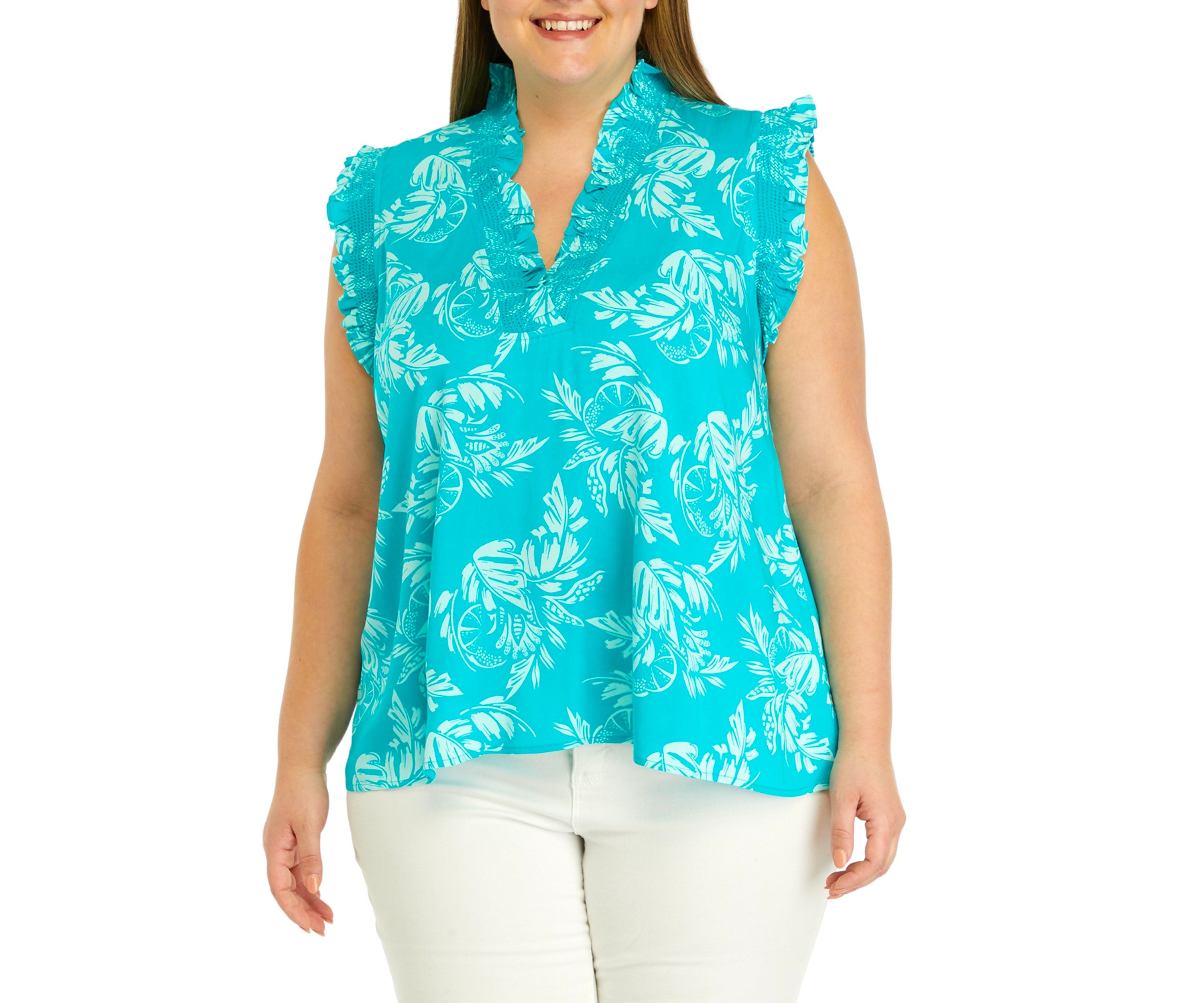 Plus Size Printed Ruffle Neck Top