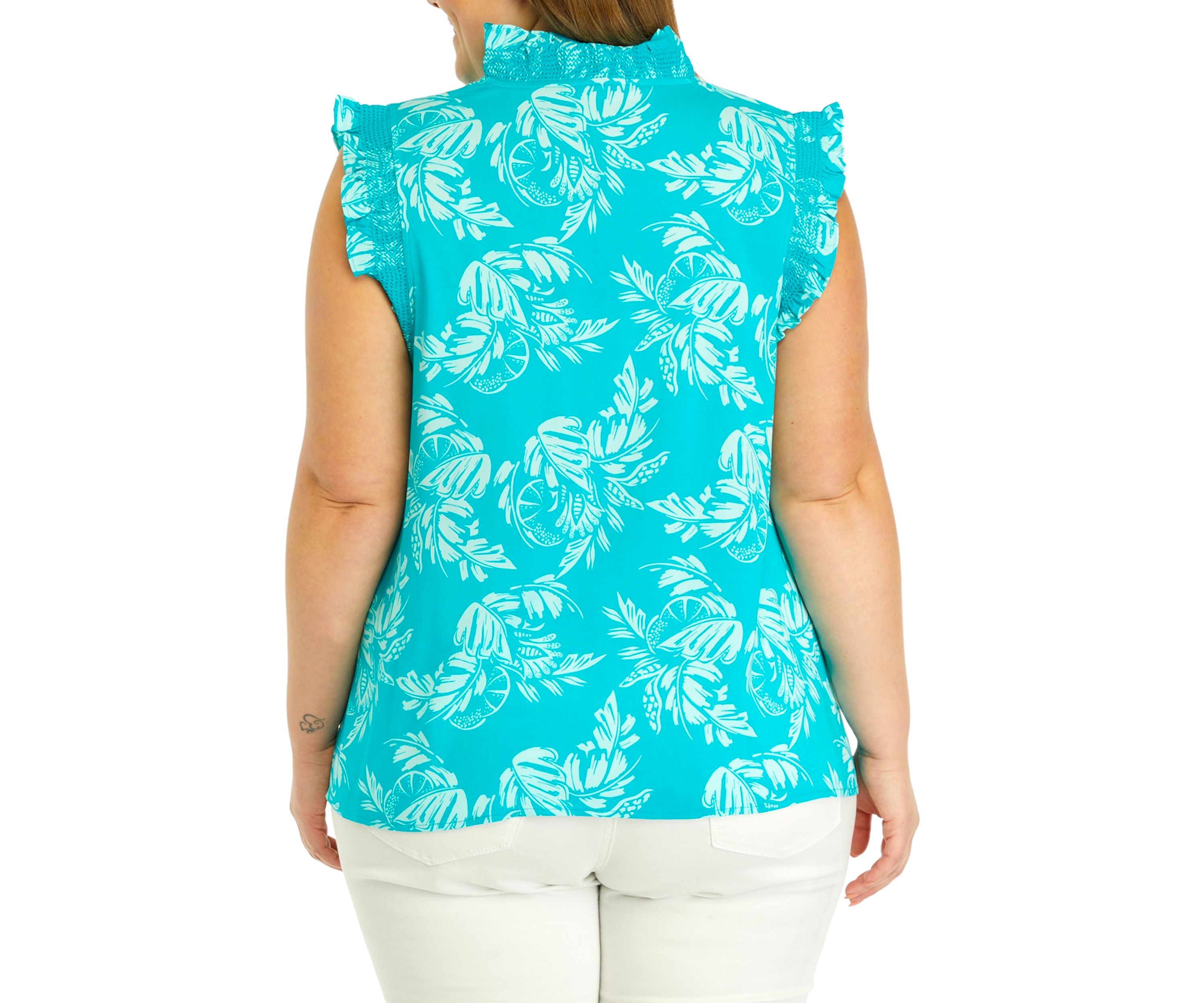Plus Size Printed Ruffle Neck Top