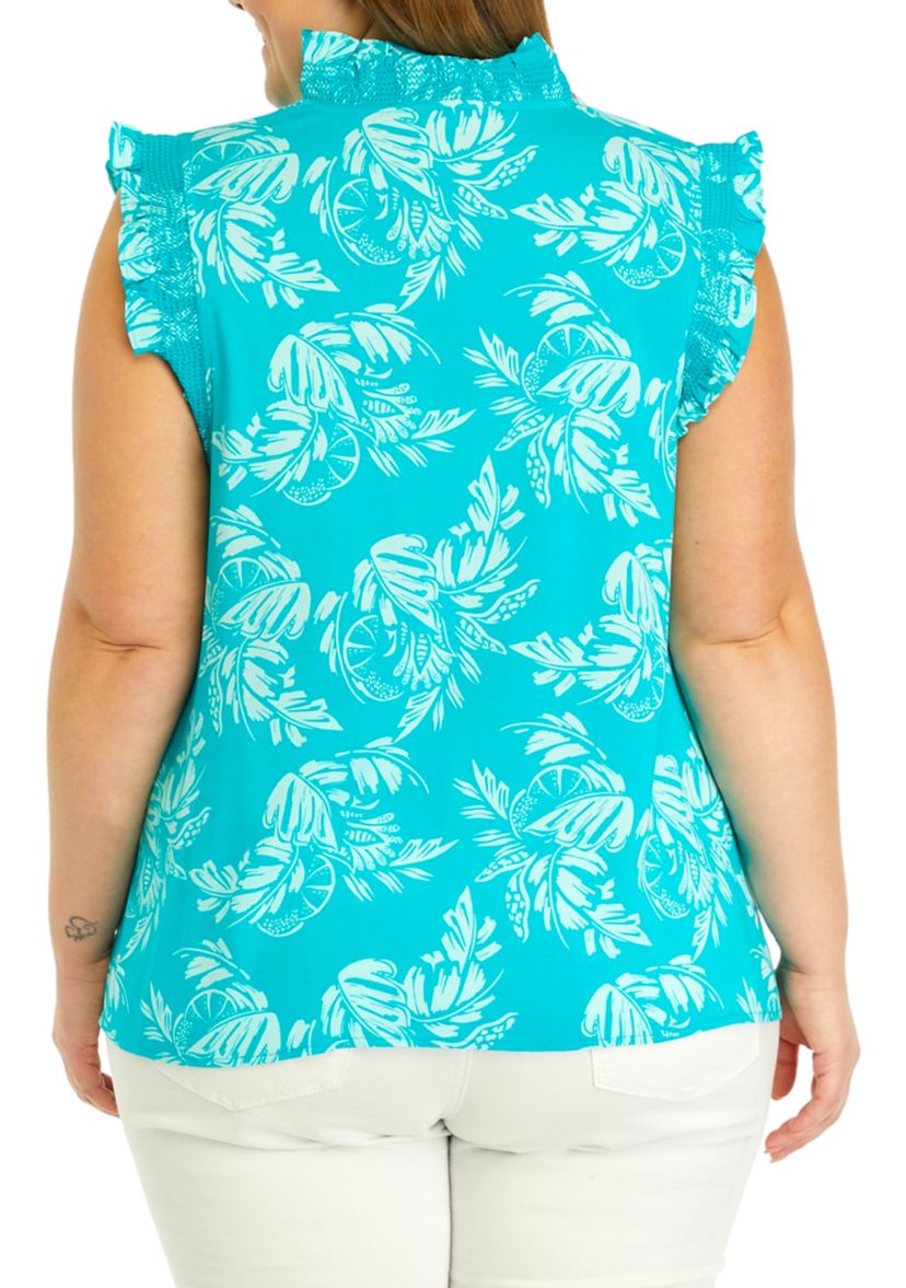 Plus Size Printed Ruffle Neck Top