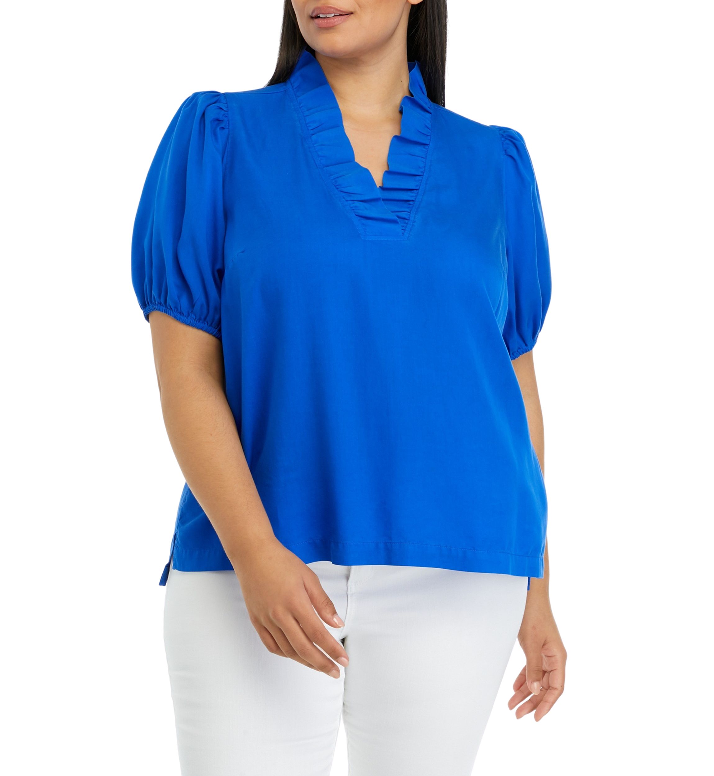 Plus Size Solid Ruffle Neck Top
