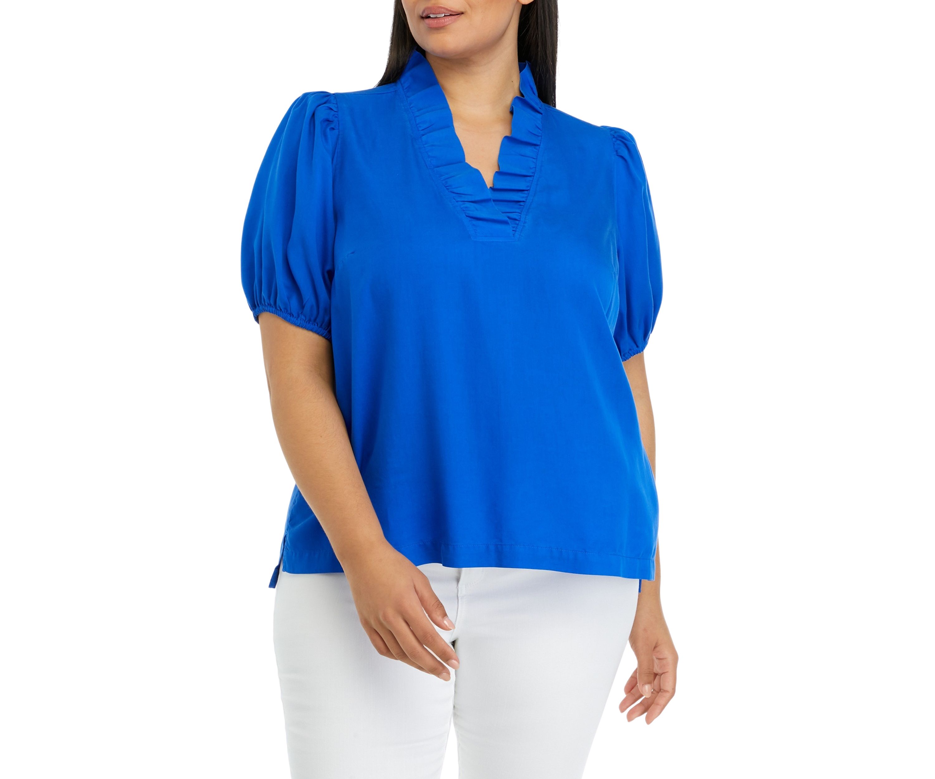 Plus Size Solid Ruffle Neck Top