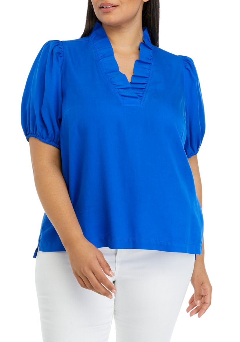 Plus Size Solid Ruffle Neck Top