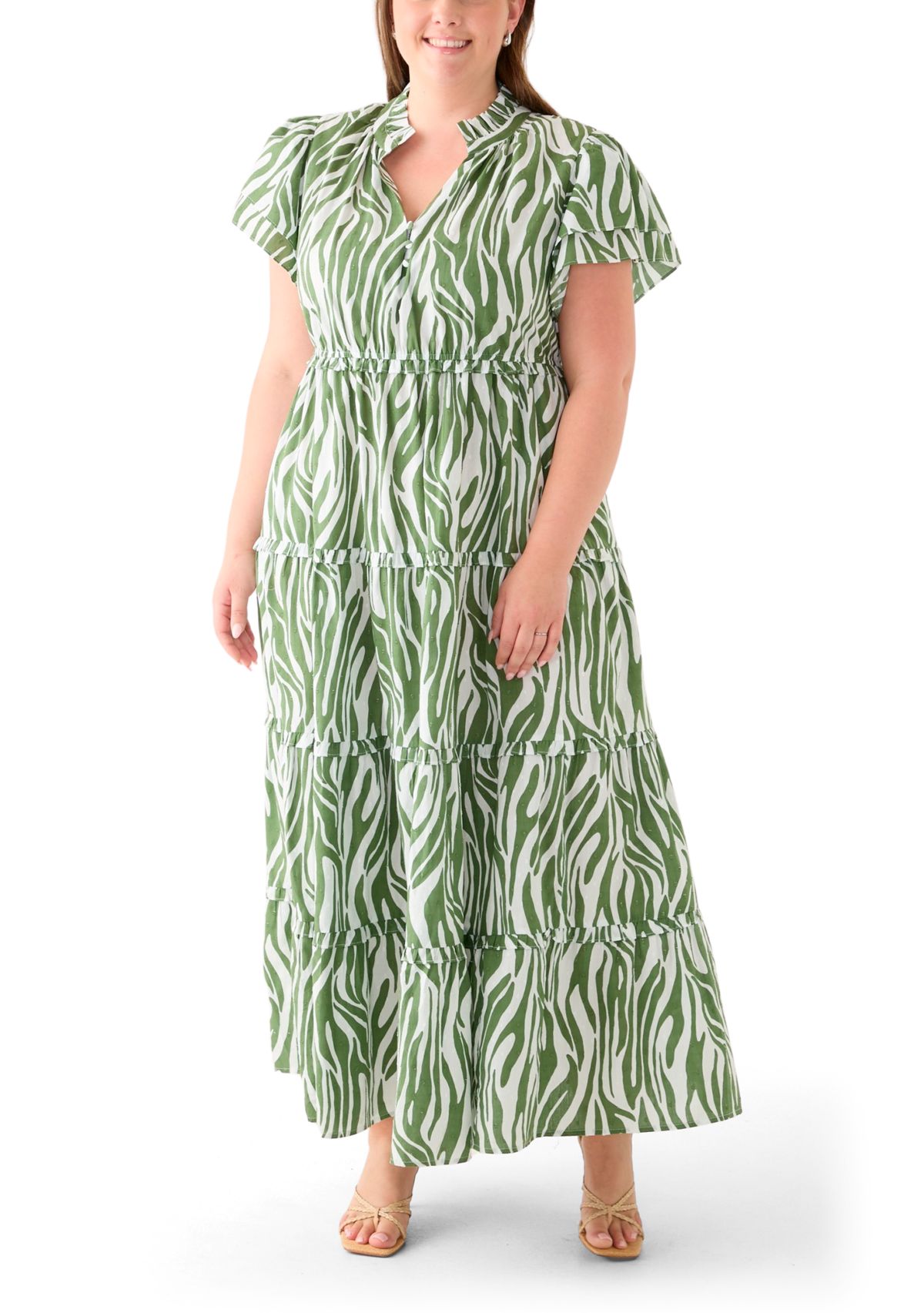 Plus Size Flutter Sleeve Printed Maxi Dress