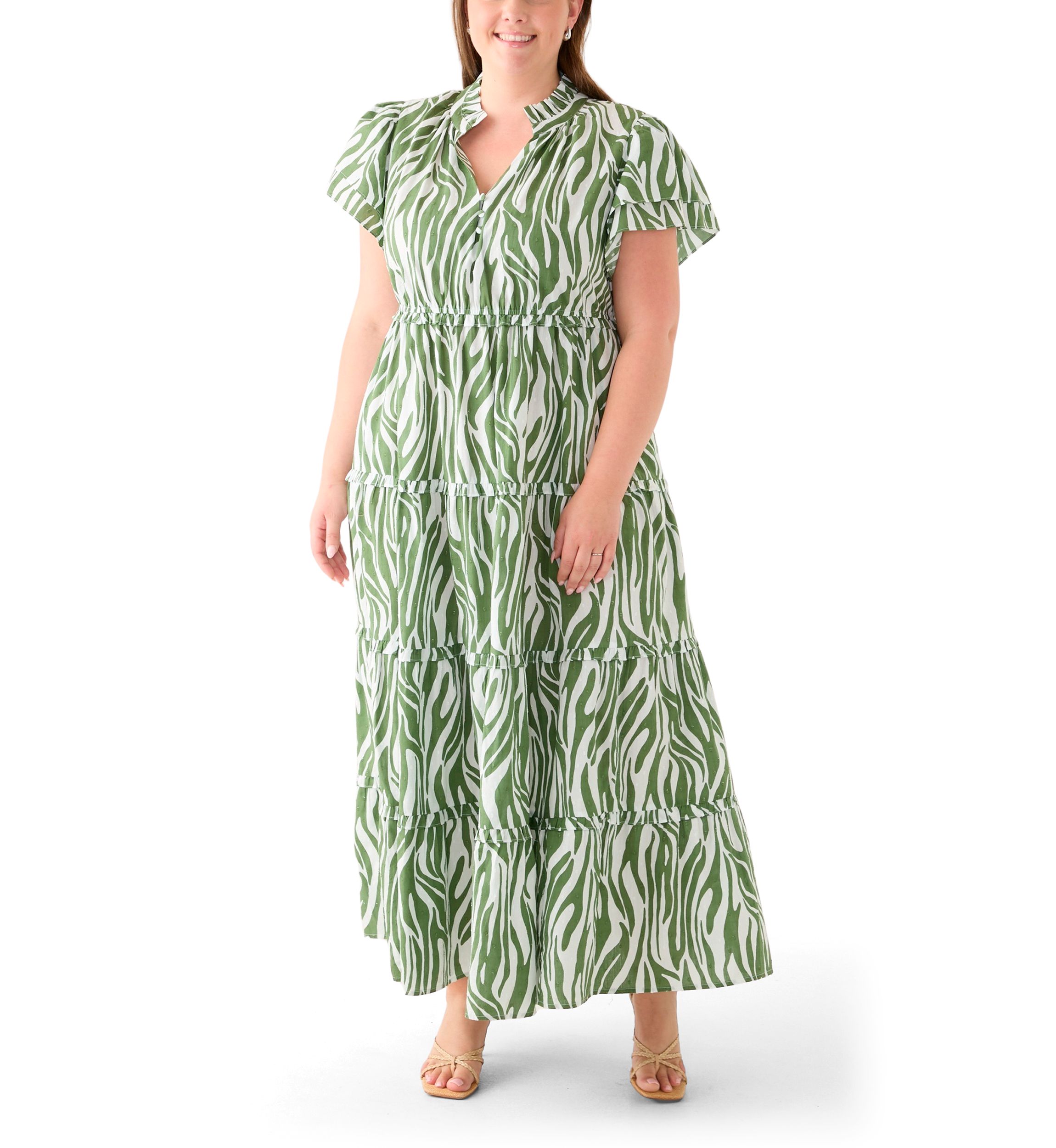 Plus Size Flutter Sleeve Printed Maxi Dress