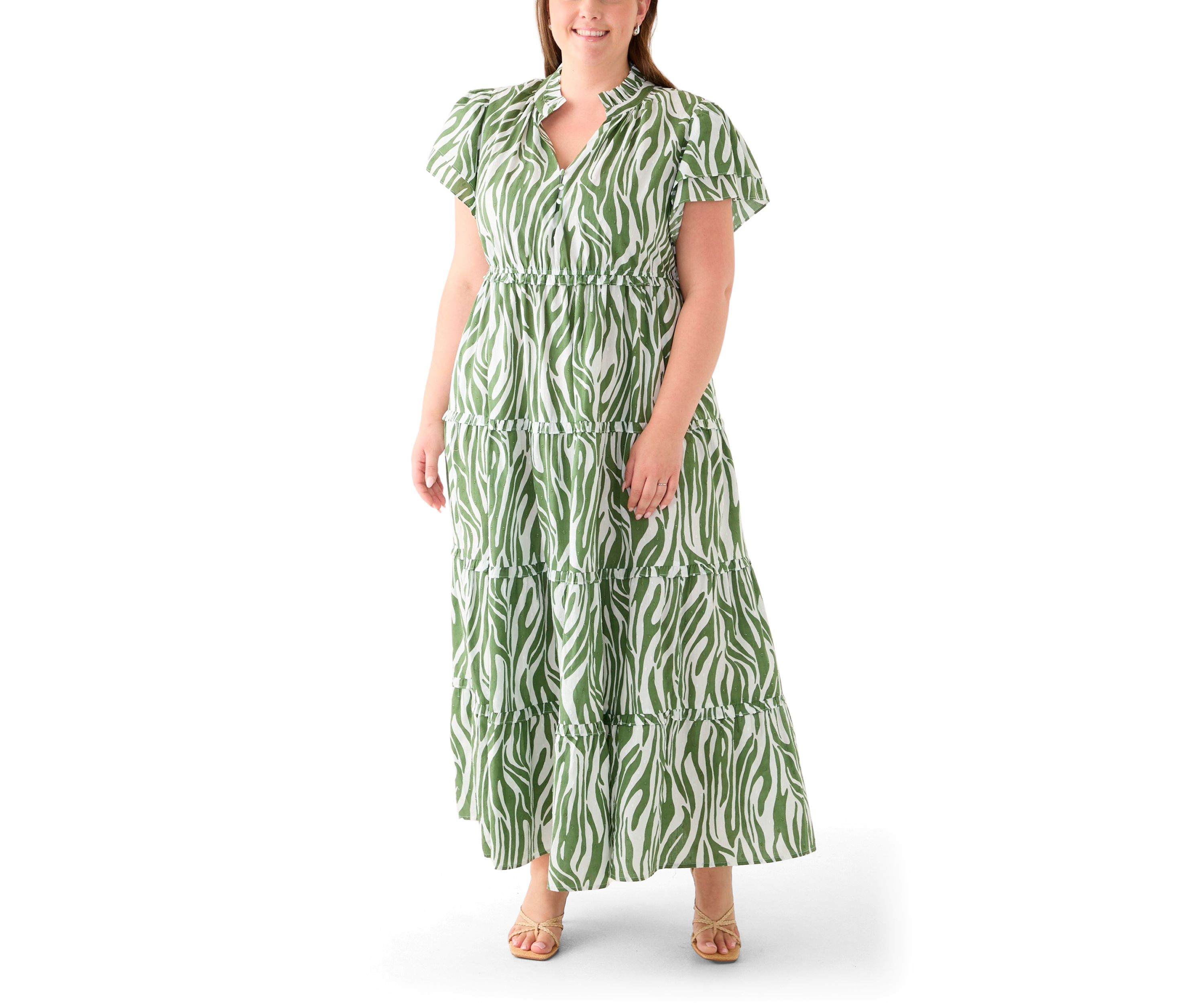 Plus Size Flutter Sleeve Printed Maxi Dress