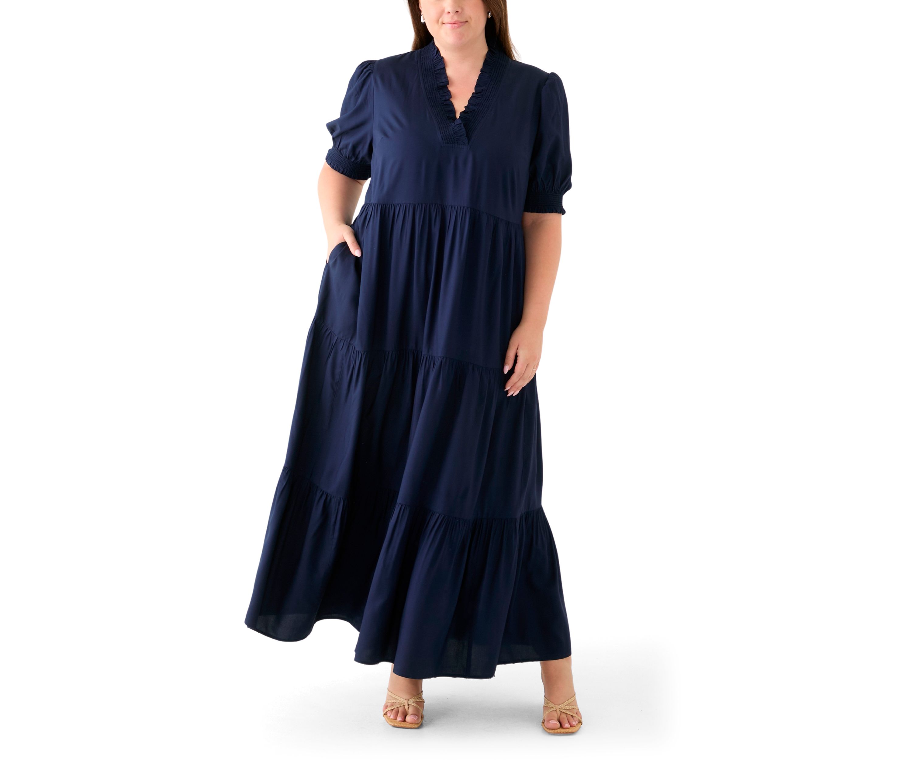 Plus Size Puff Sleeve Smock Ruffle Maxi Dress