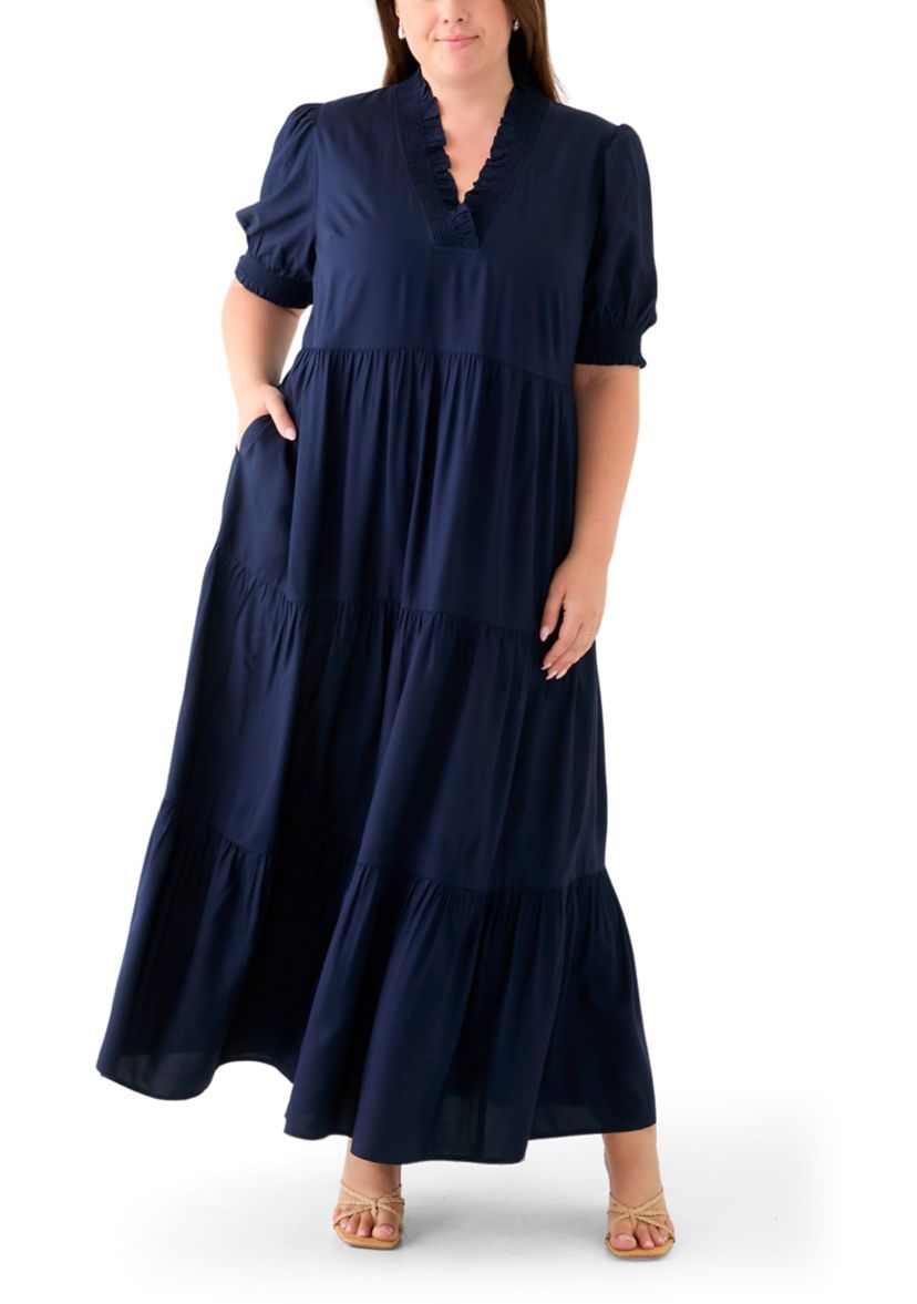 Plus Size Puff Sleeve Smock Ruffle Maxi Dress