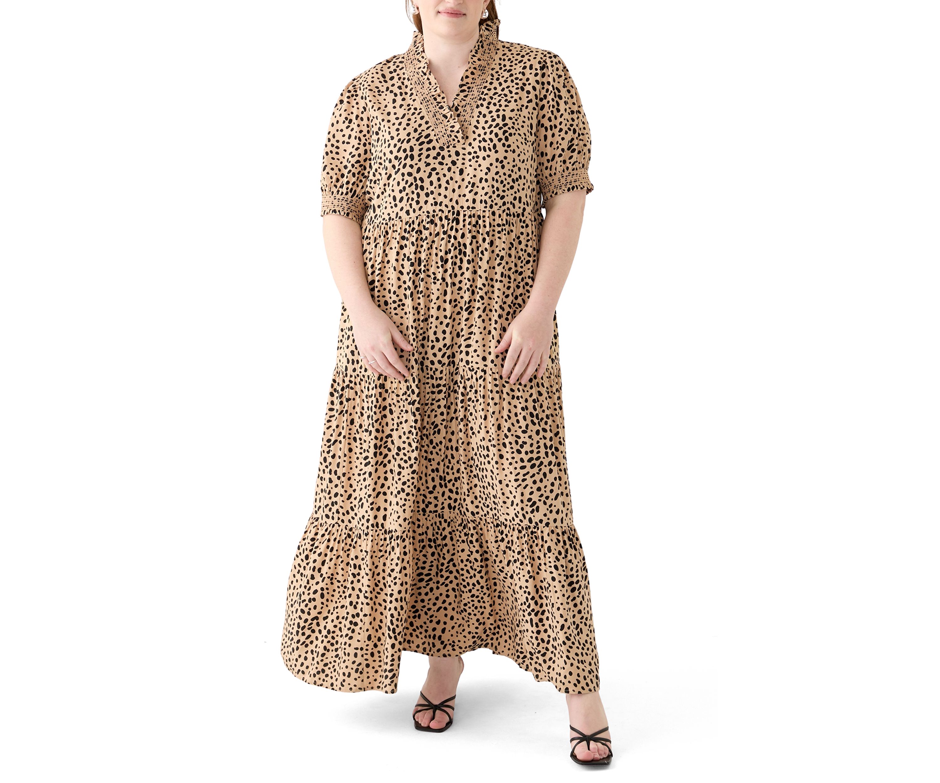 Plus Size Short Sleeve Smock Ruffle Neck Printed Dress