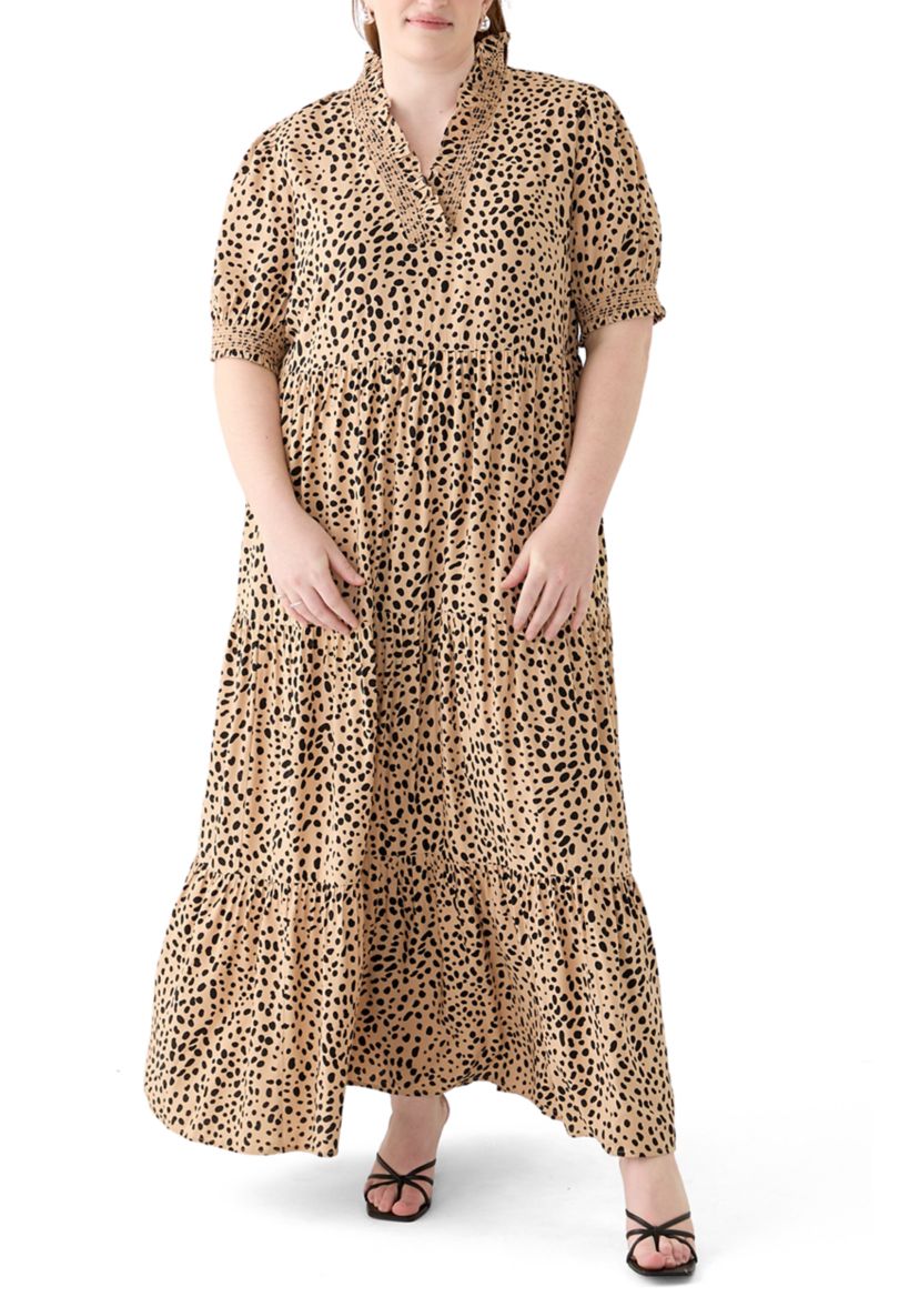 Plus Size Short Sleeve Smock Ruffle Neck Printed Dress
