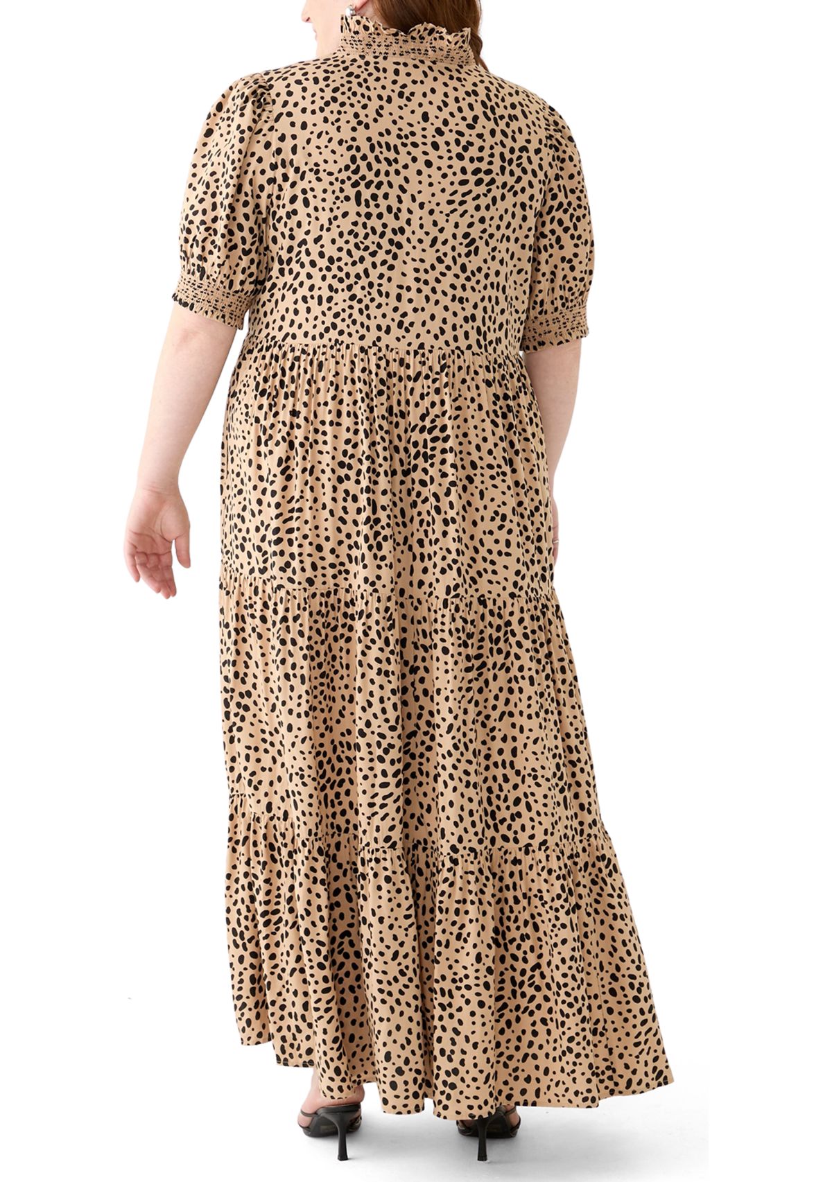 Plus Size Short Sleeve Smock Ruffle Neck Printed Dress