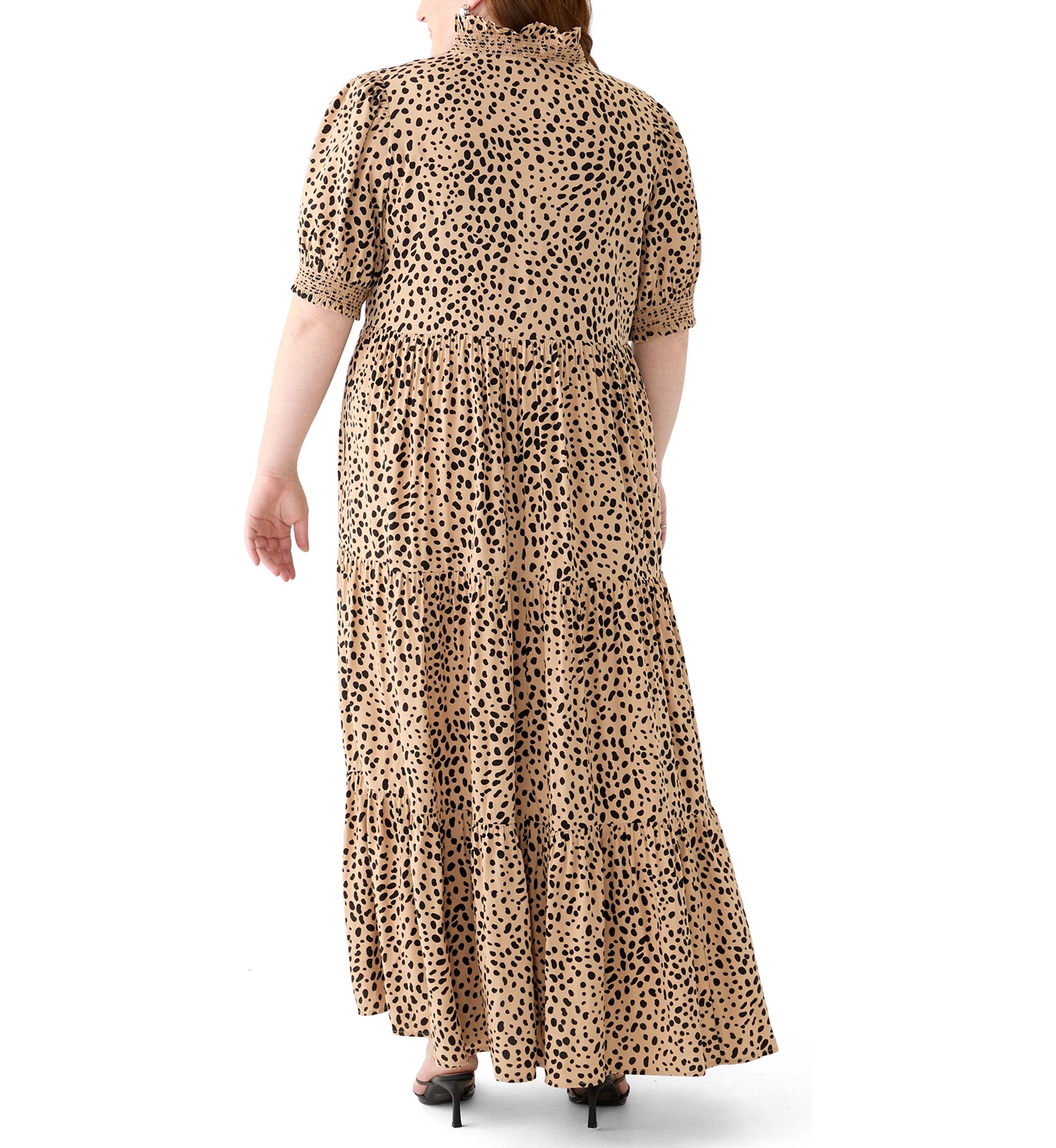Plus Size Short Sleeve Smock Ruffle Neck Printed Dress