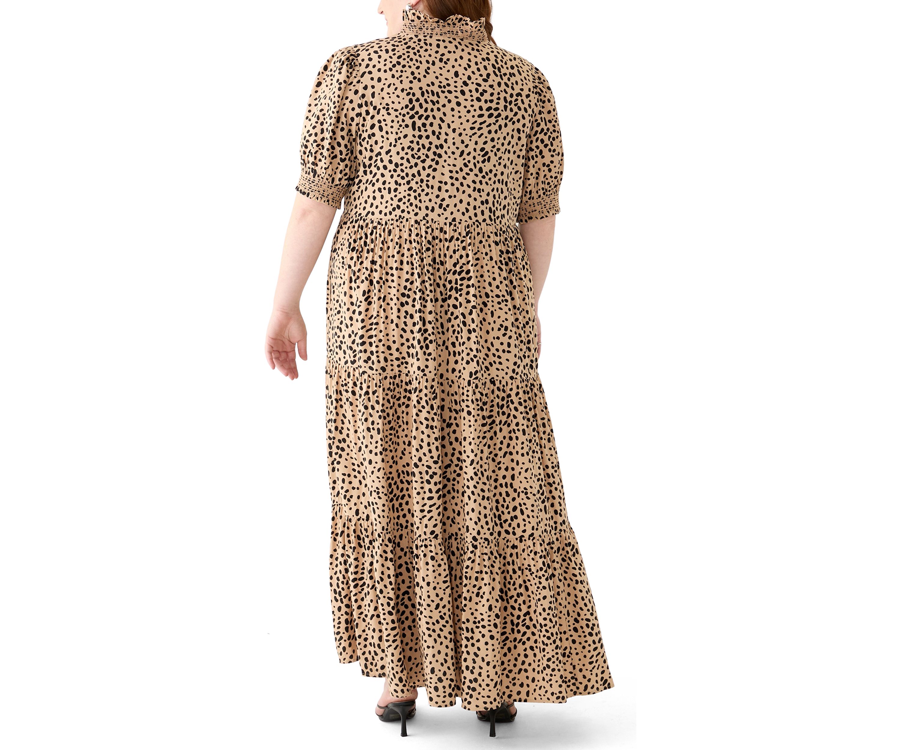Plus Size Short Sleeve Smock Ruffle Neck Printed Dress