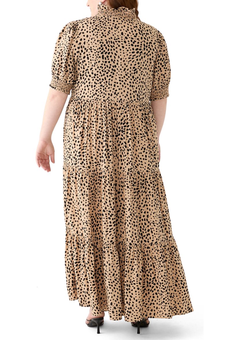 Plus Size Short Sleeve Smock Ruffle Neck Printed Dress