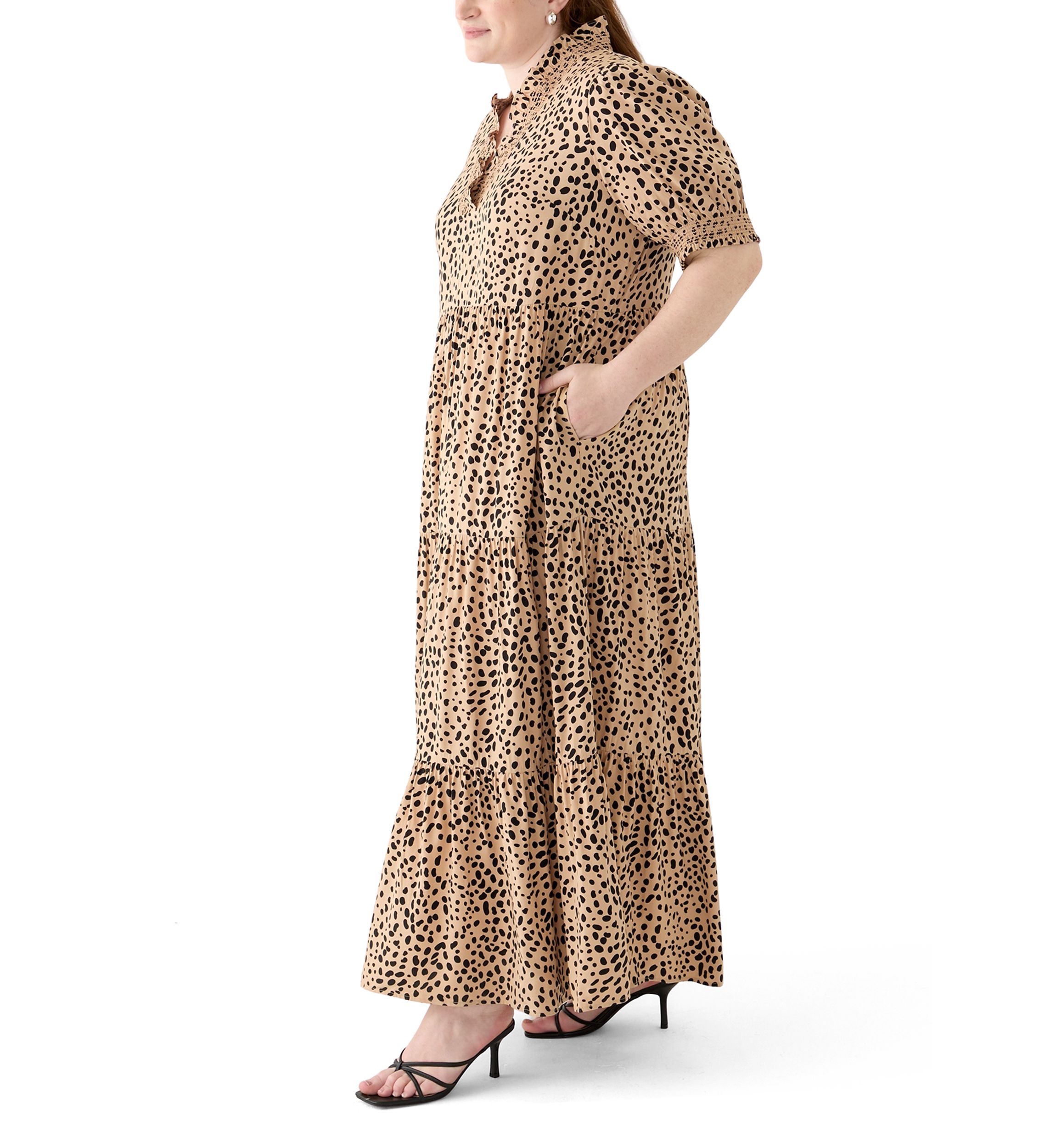 Plus Size Short Sleeve Smock Ruffle Neck Printed Dress