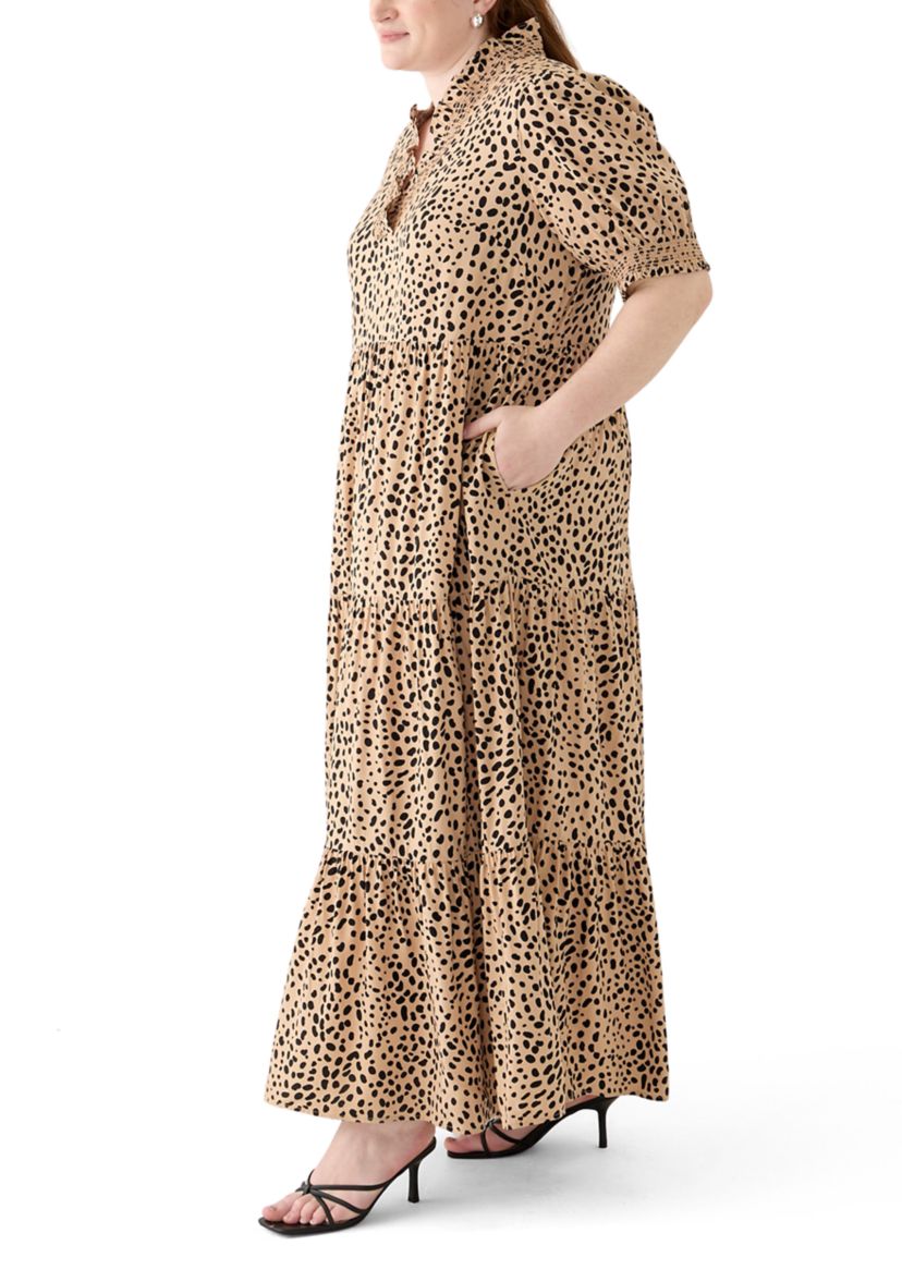 Plus Size Short Sleeve Smock Ruffle Neck Printed Dress