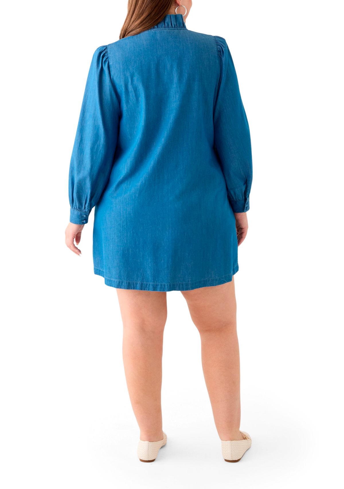 Plus Size Puff Sleeve Ruffle Neck Mini Shirt Dress
