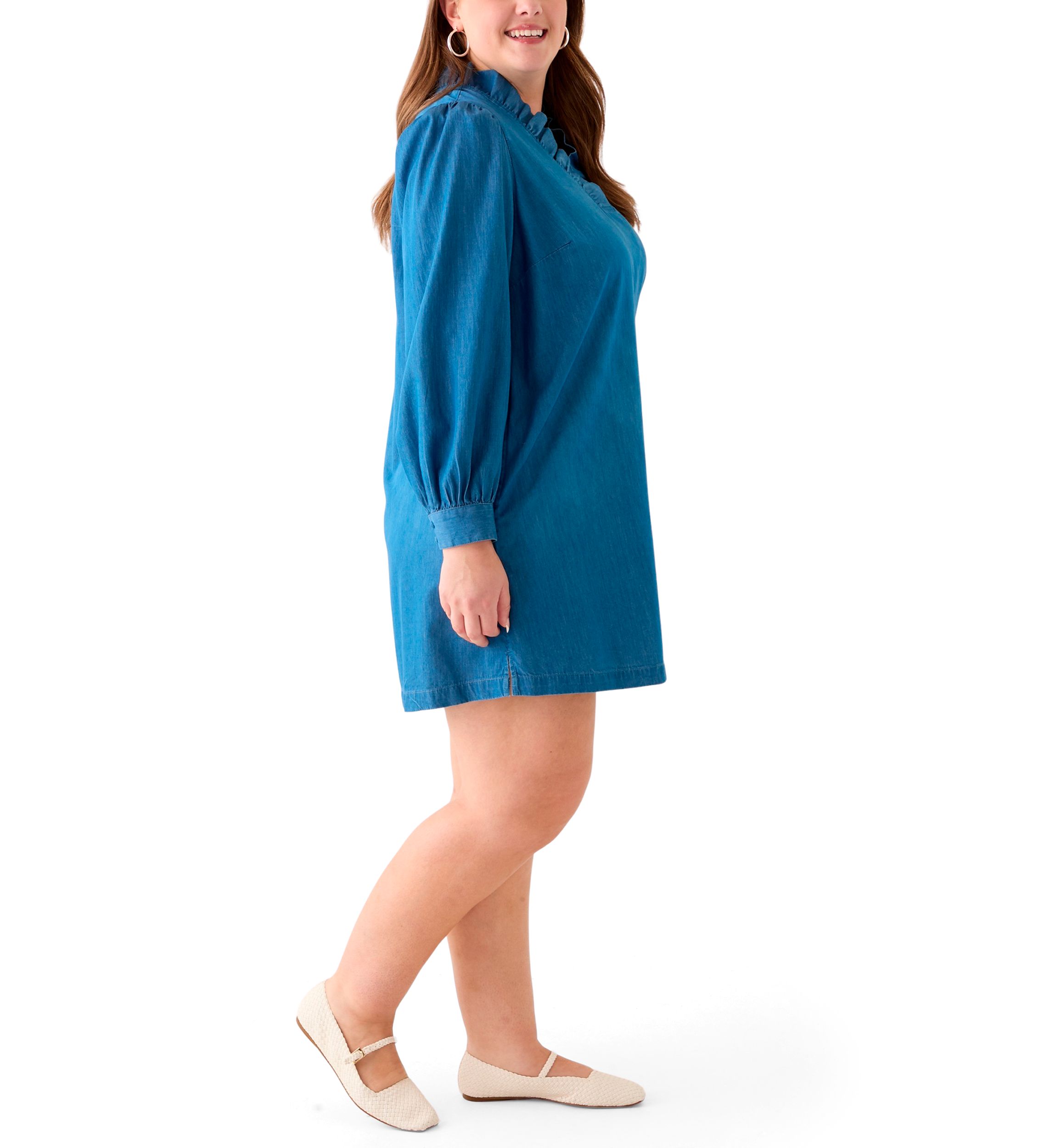 Plus Size Puff Sleeve Ruffle Neck Mini Shirt Dress