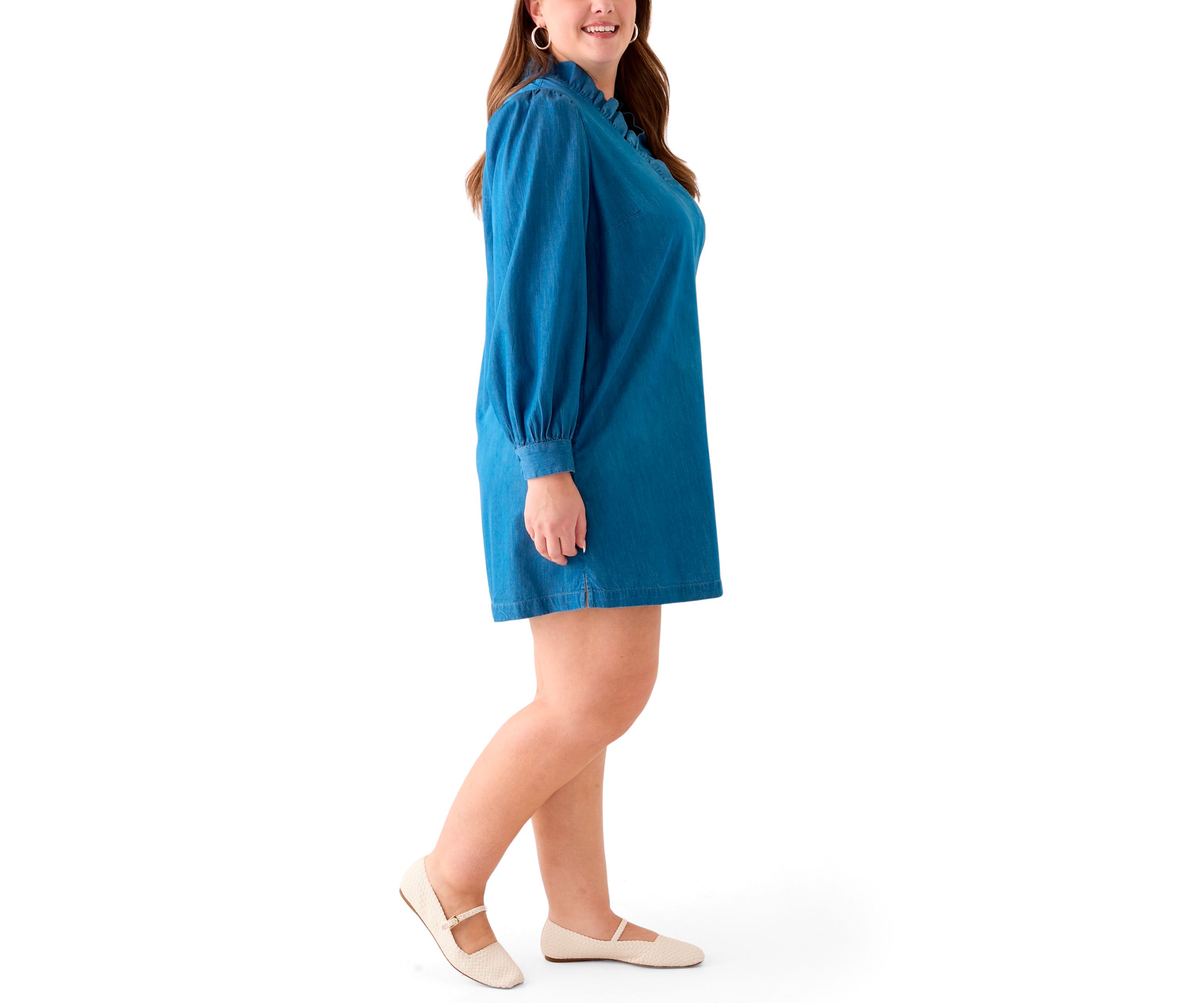 Plus Size Puff Sleeve Ruffle Neck Mini Shirt Dress