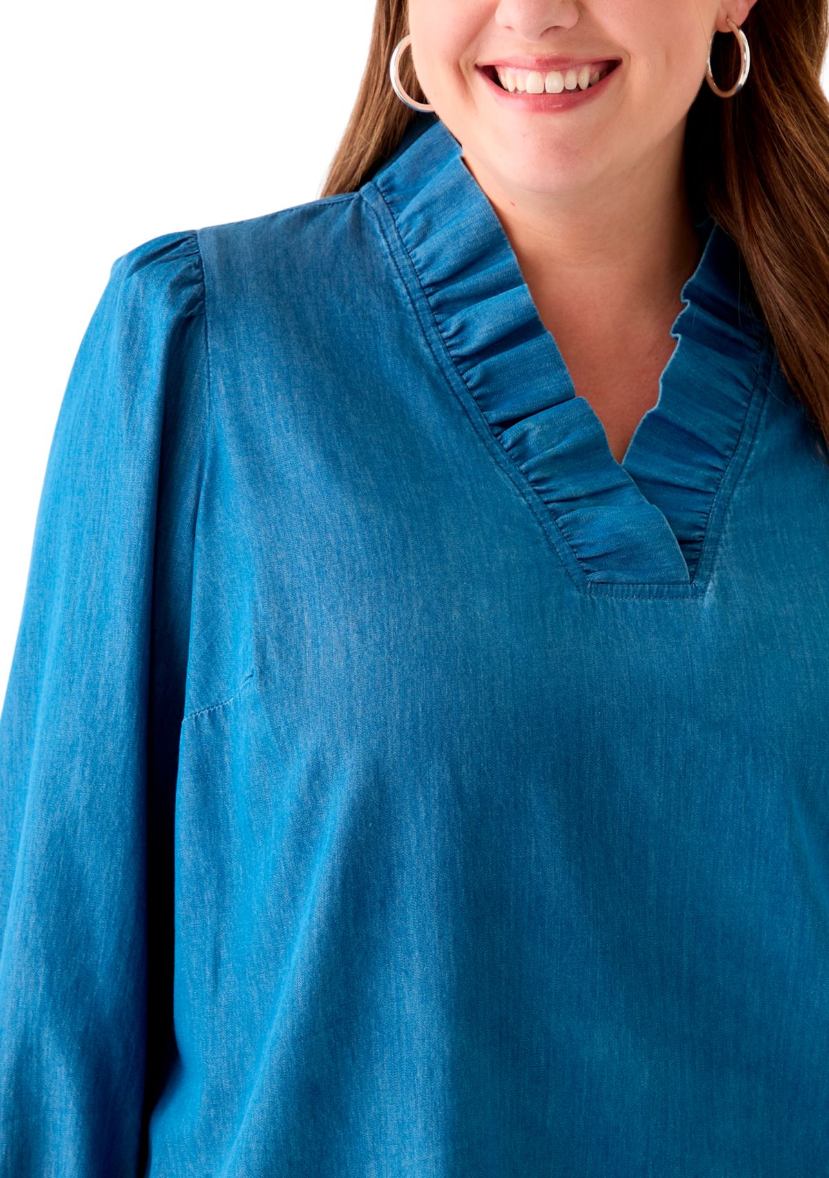 Plus Size Puff Sleeve Ruffle Neck Mini Shirt Dress