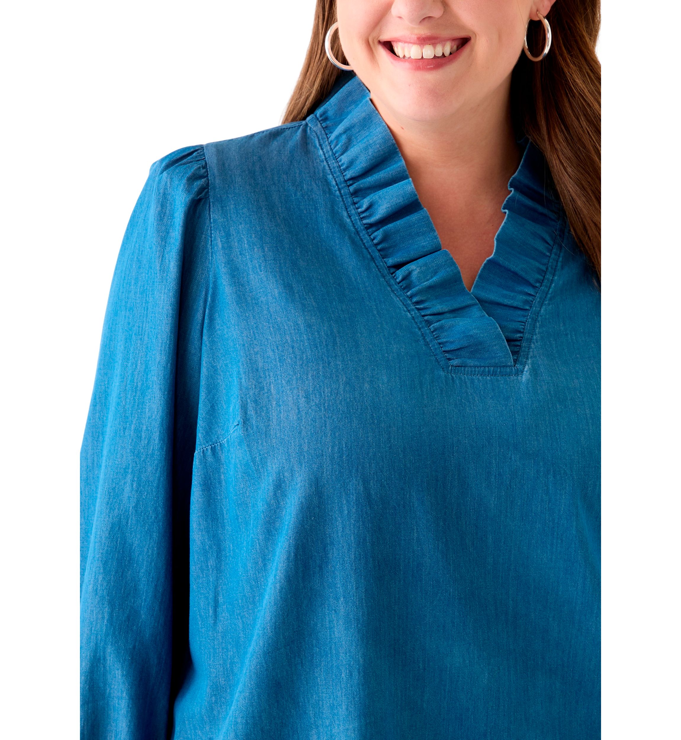 Plus Size Puff Sleeve Ruffle Neck Mini Shirt Dress