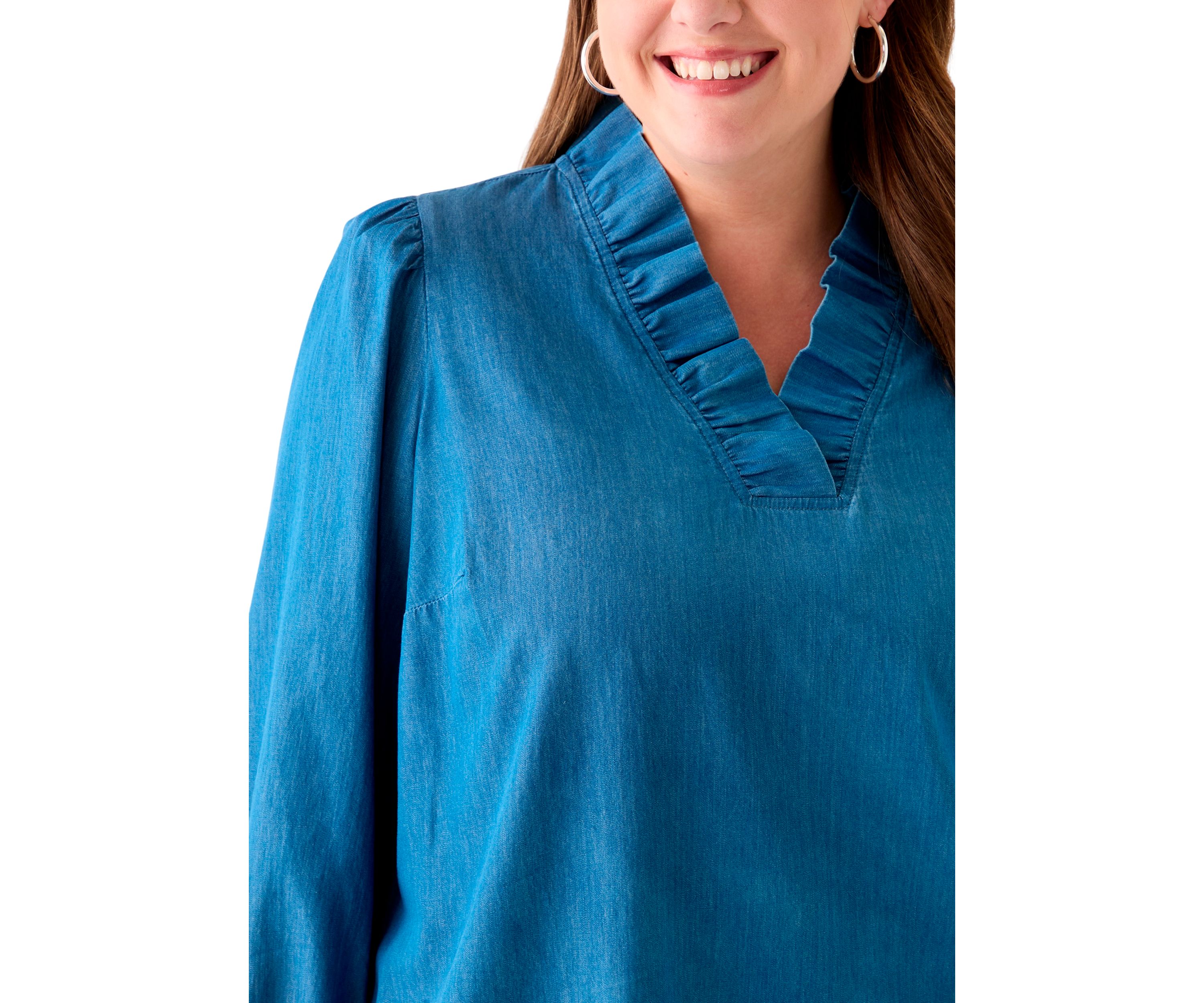 Plus Size Puff Sleeve Ruffle Neck Mini Shirt Dress