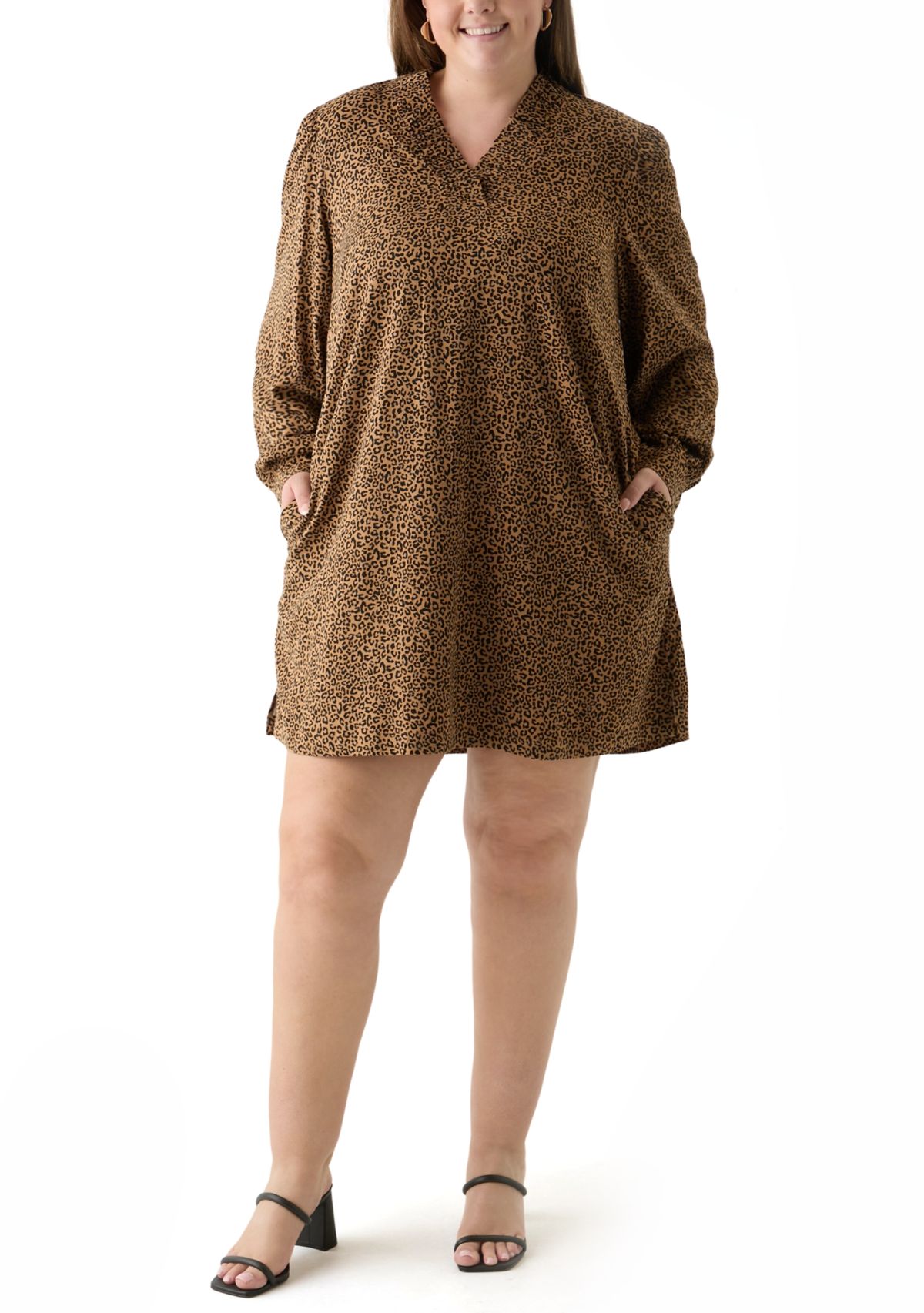 Plus Size Long Sleeve Ruffle Neck Printed Dress