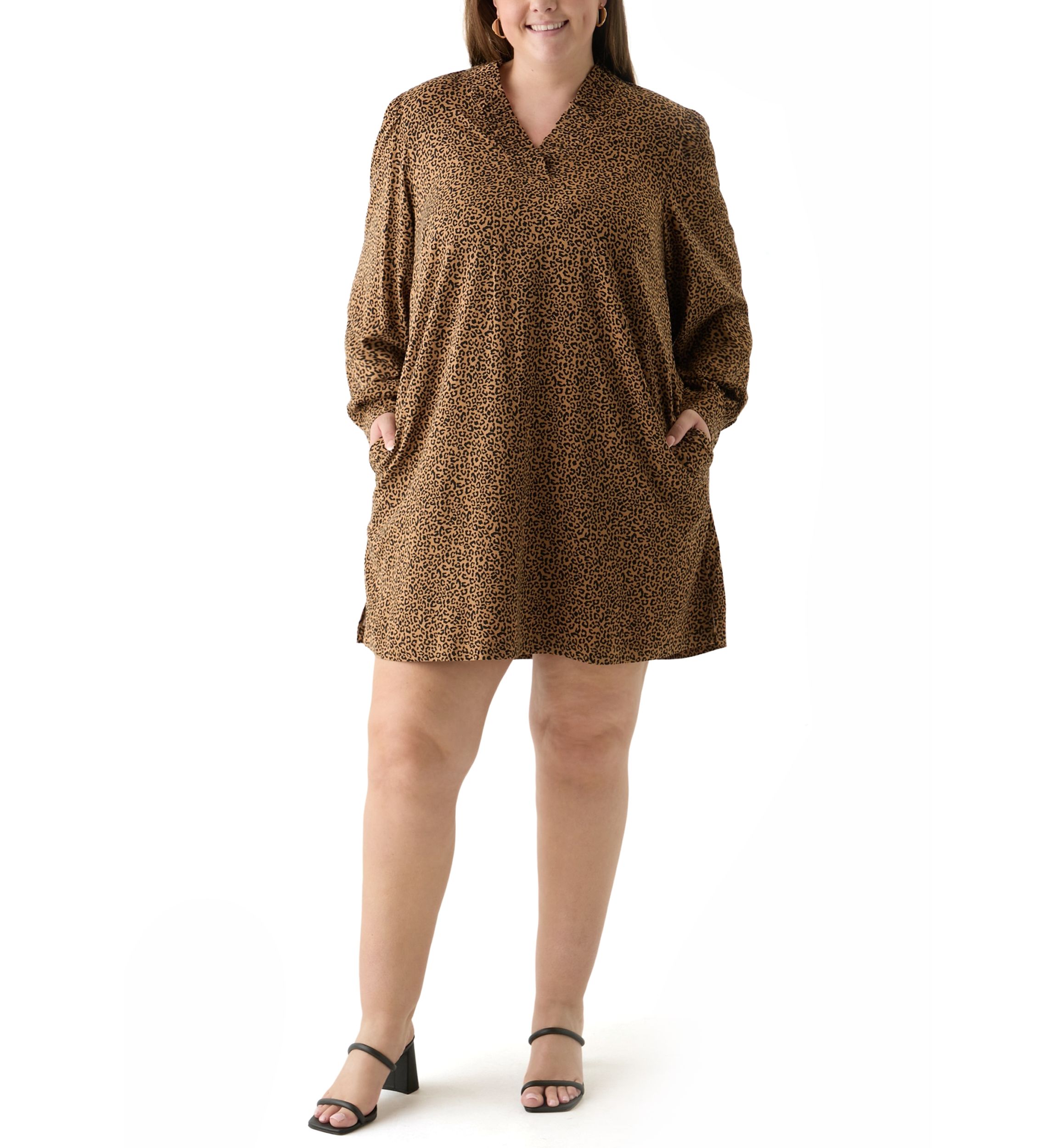 Plus Size Long Sleeve Ruffle Neck Printed Dress