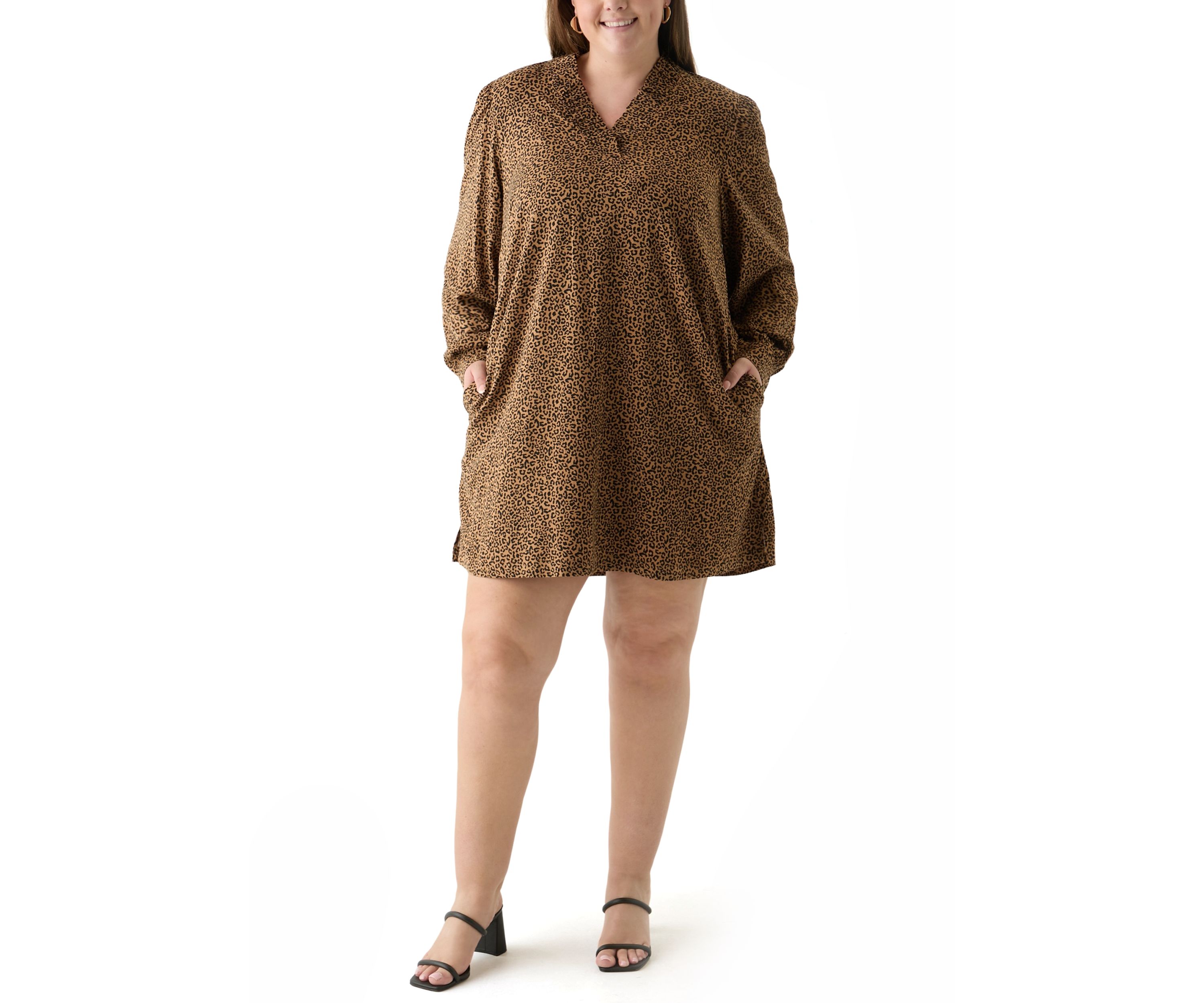 Plus Size Long Sleeve Ruffle Neck Printed Dress