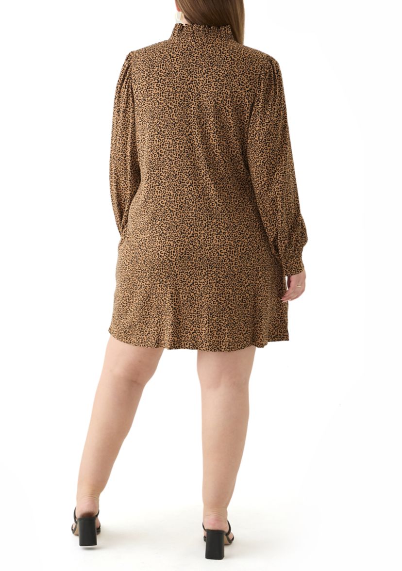 Plus Size Long Sleeve Ruffle Neck Printed Dress