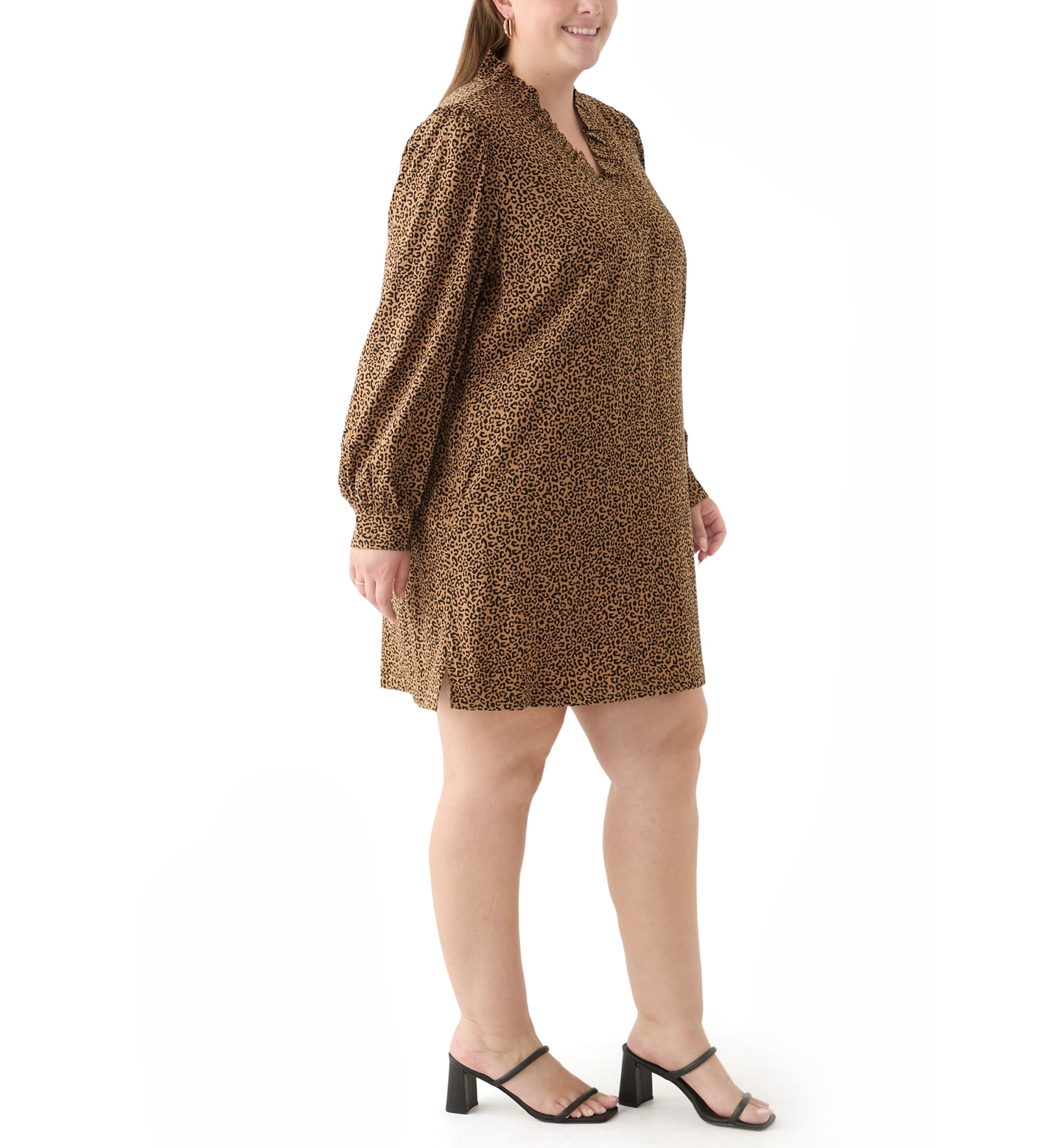 Plus Size Long Sleeve Ruffle Neck Printed Dress