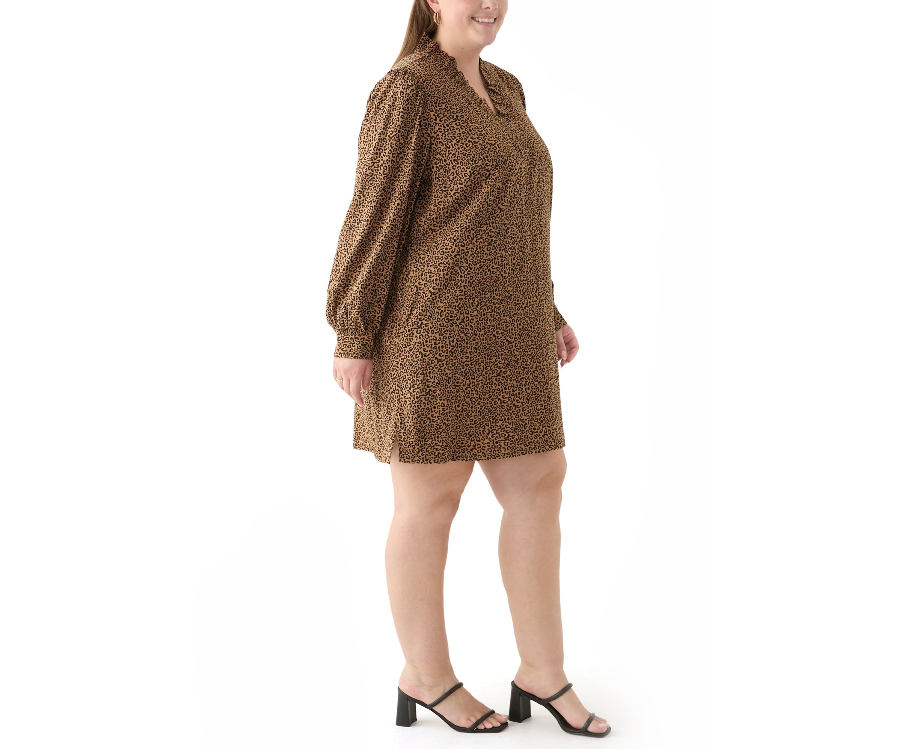 Plus Size Long Sleeve Ruffle Neck Printed Dress