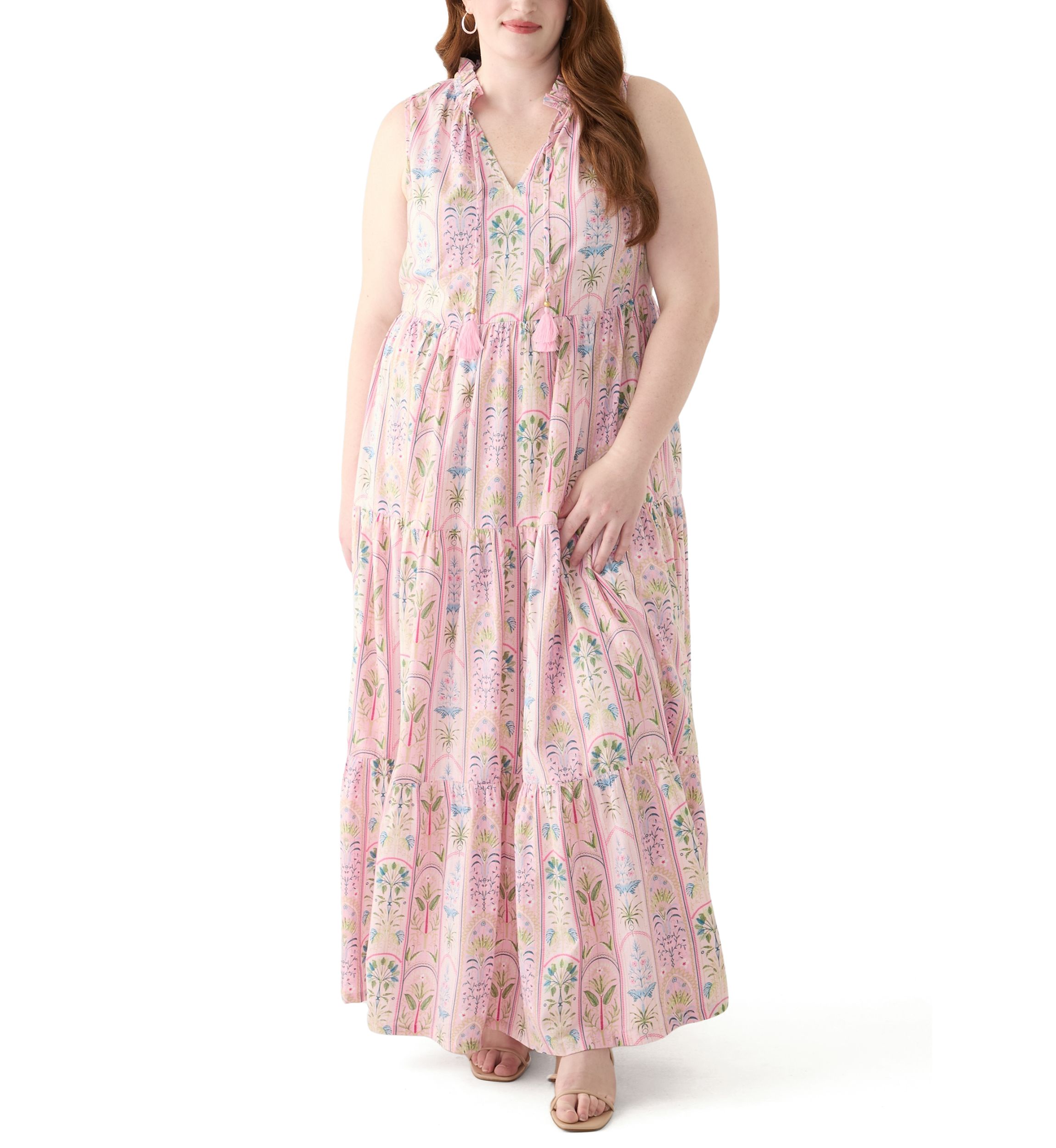 Plus Size Sleeveless Ruffle Neck Printed Midi Dress