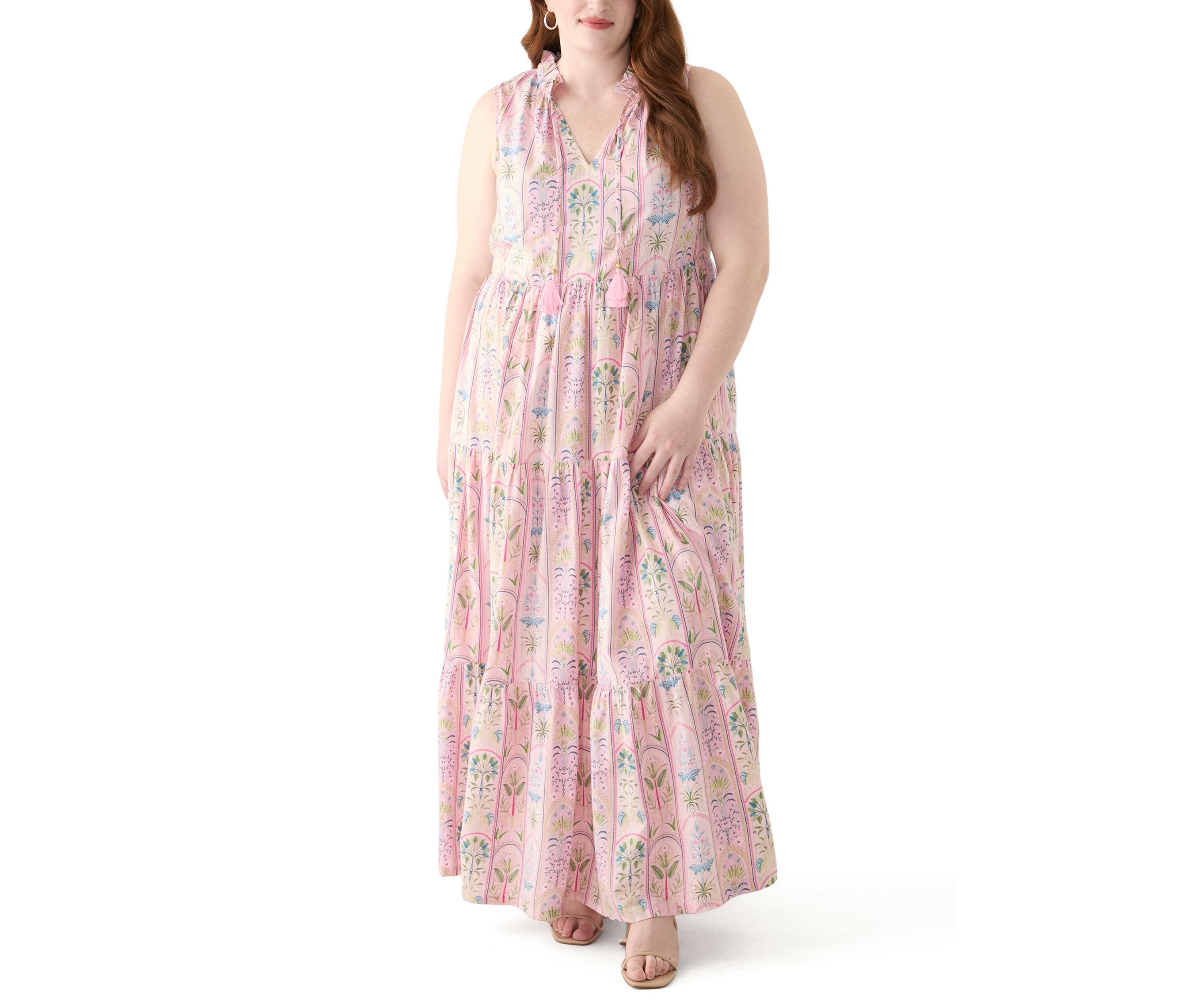 Plus Size Sleeveless Ruffle Neck Printed Midi Dress