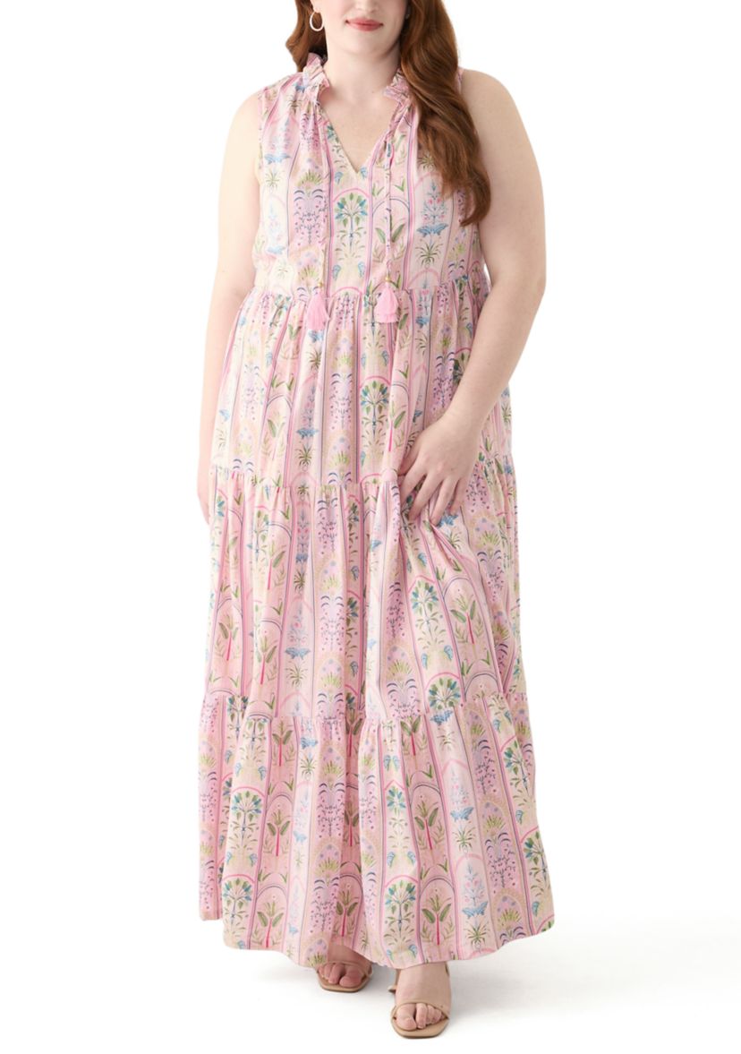 Plus Size Sleeveless Ruffle Neck Printed Midi Dress
