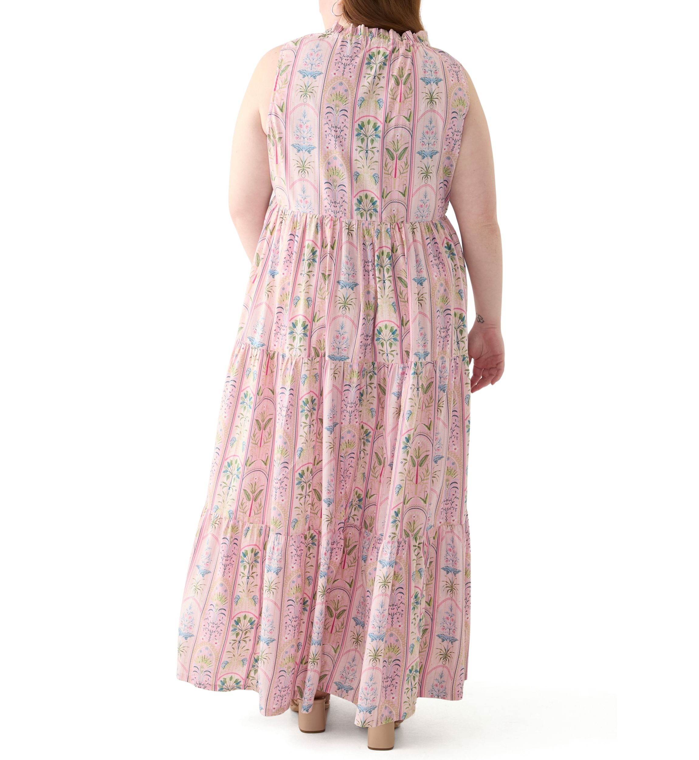 Plus Size Sleeveless Ruffle Neck Printed Midi Dress