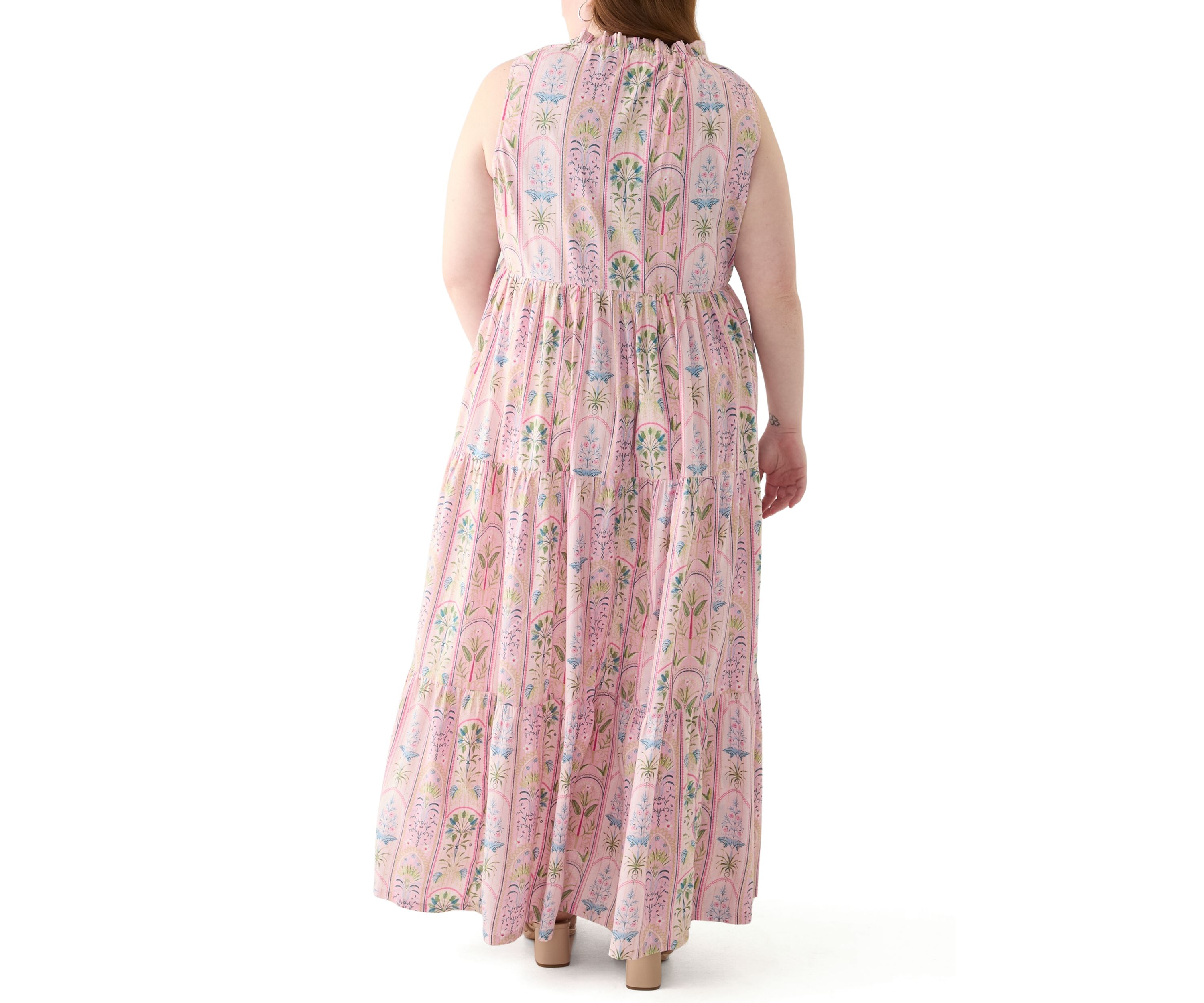 Plus Size Sleeveless Ruffle Neck Printed Midi Dress