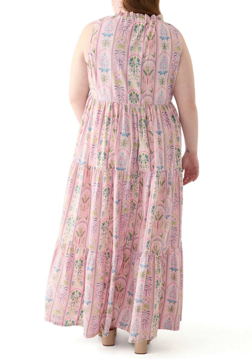 Plus Size Sleeveless Ruffle Neck Printed Midi Dress