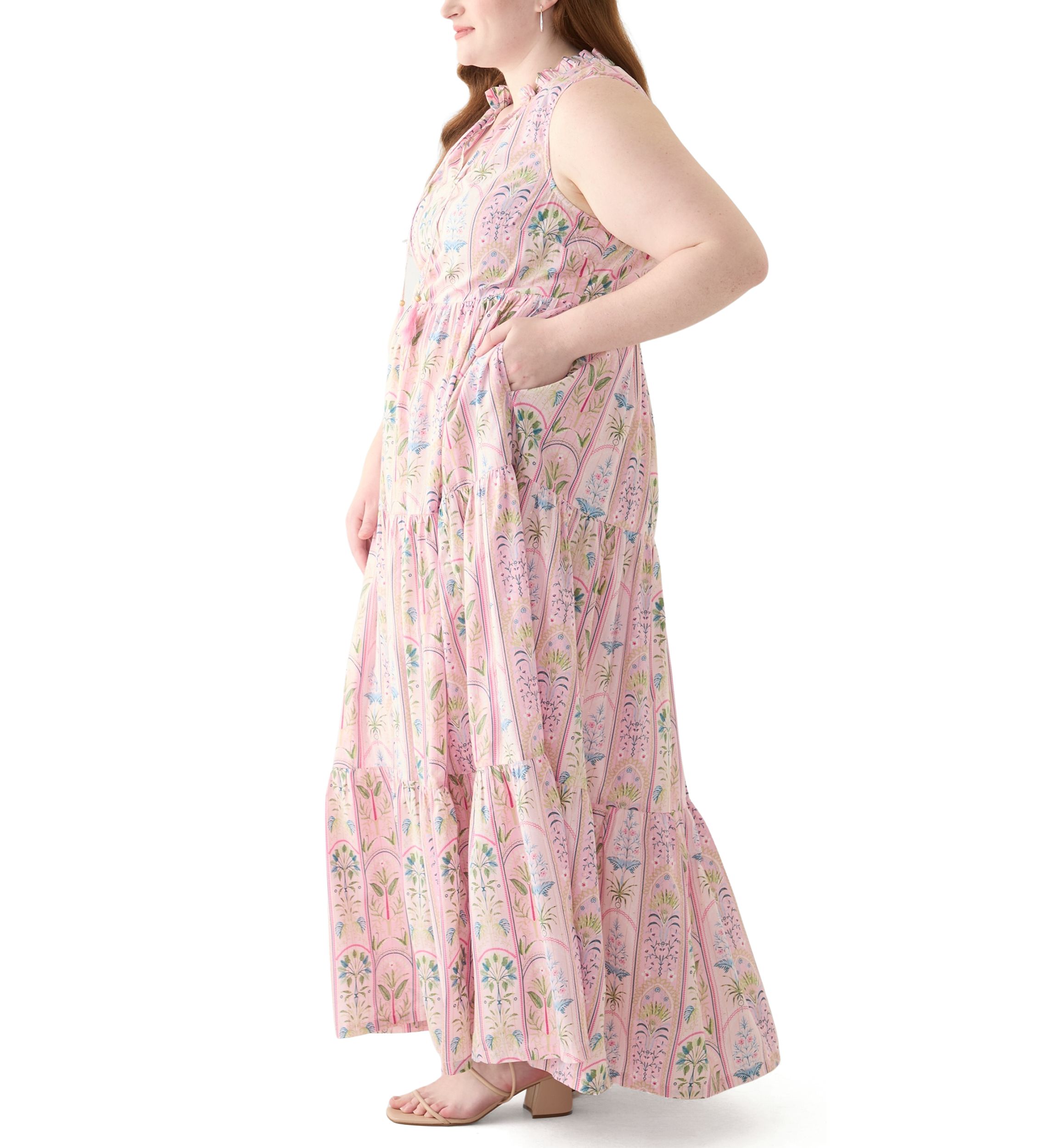 Plus Size Sleeveless Ruffle Neck Printed Midi Dress