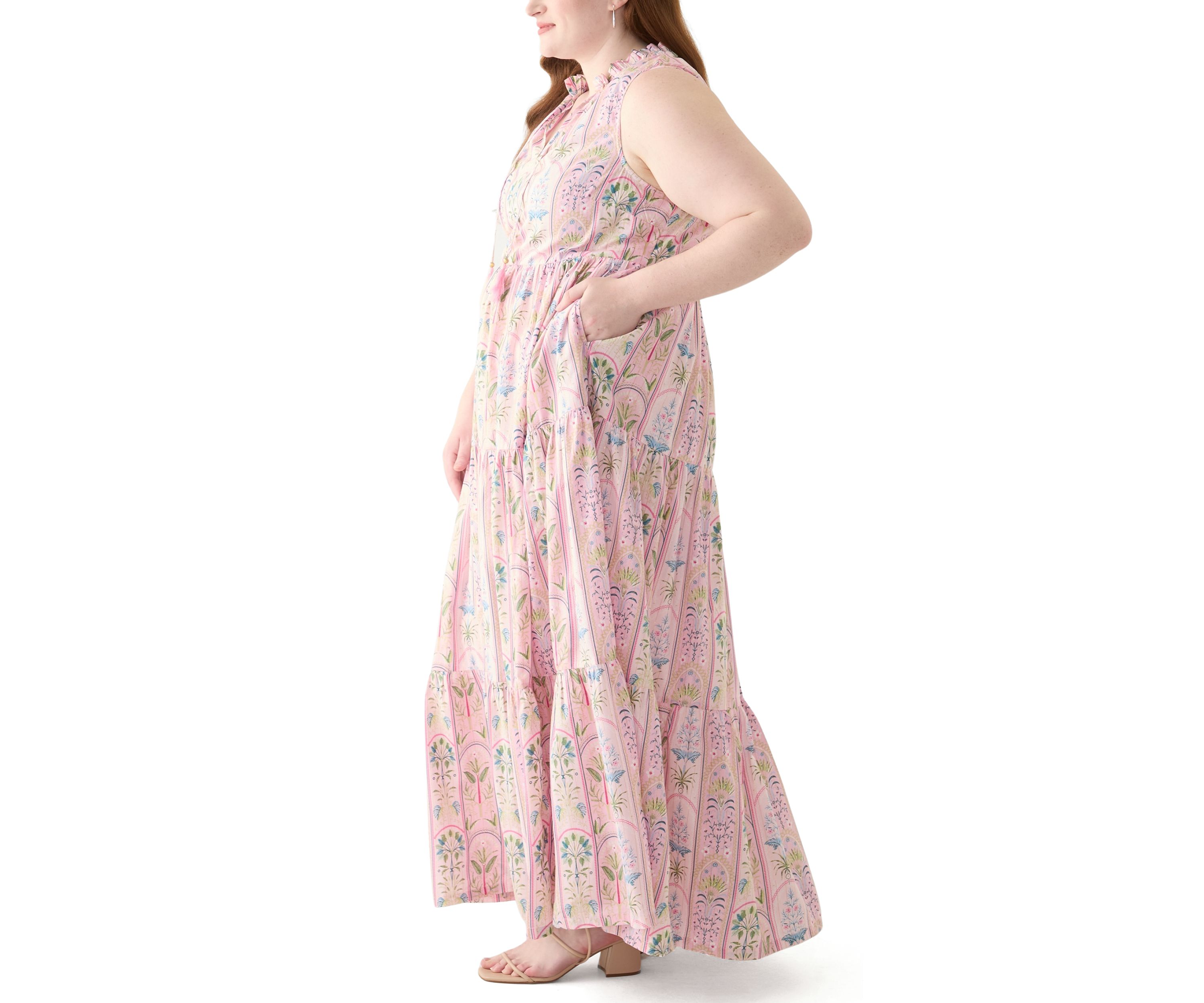 Plus Size Sleeveless Ruffle Neck Printed Midi Dress