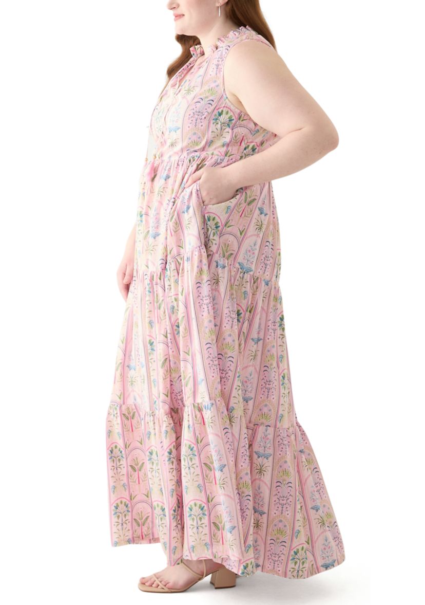 Plus Size Sleeveless Ruffle Neck Printed Midi Dress