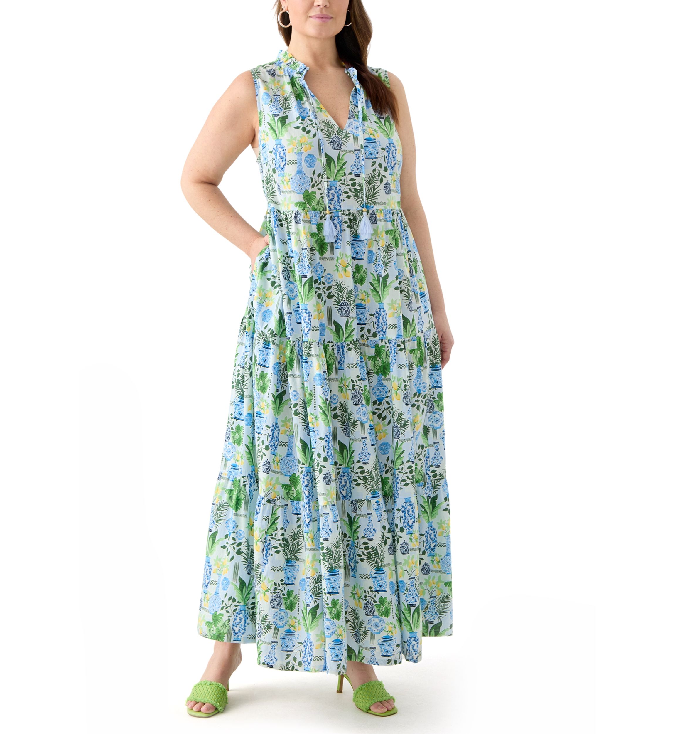 Plus Size Sleeveless Ruffle Neck Printed Midi Dress