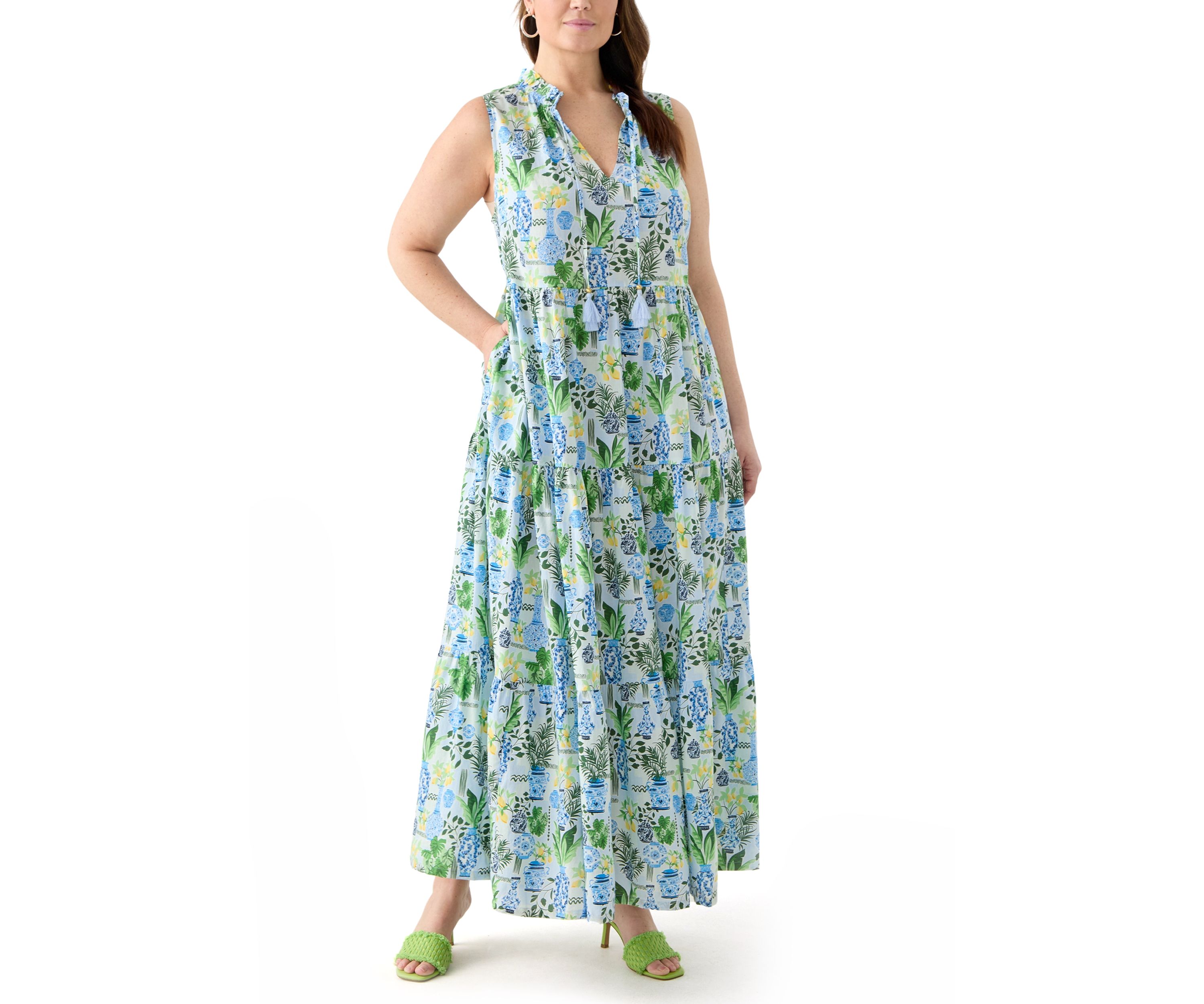 Plus Size Sleeveless Ruffle Neck Printed Midi Dress